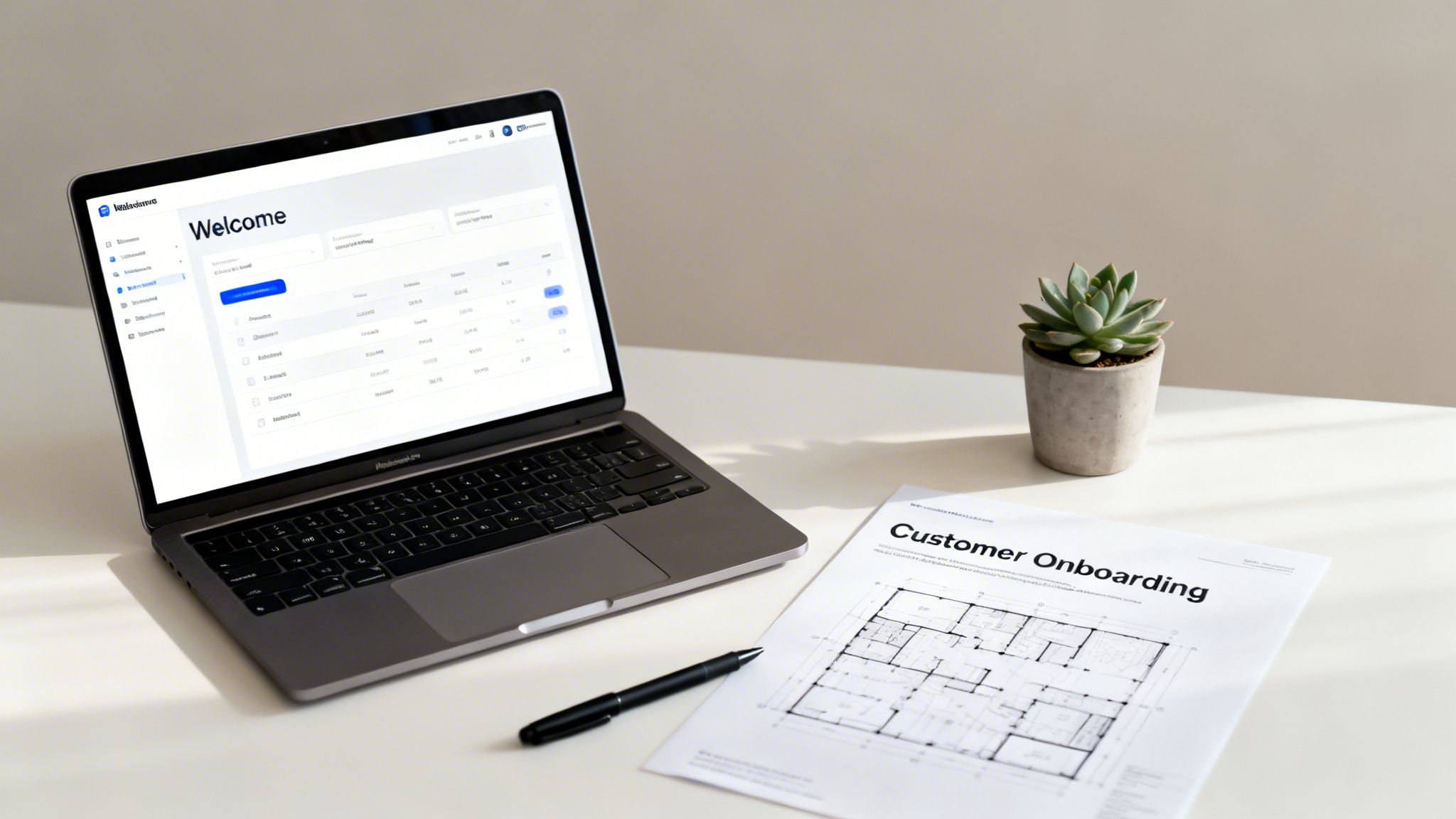 Laptop displaying a customer onboarding dashboard, a document with floor plans, and a succulent on a white desk.