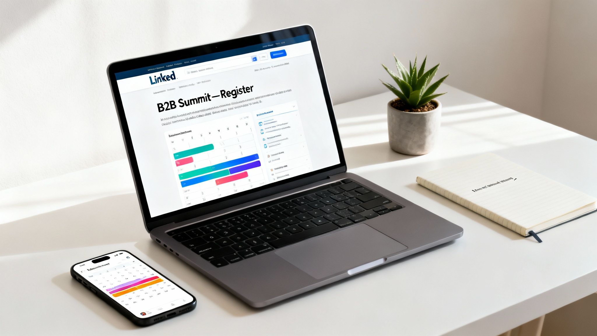 Laptop, smartphone, and notebook on a white desk with a LinkedIn B2B Summit registration page open.