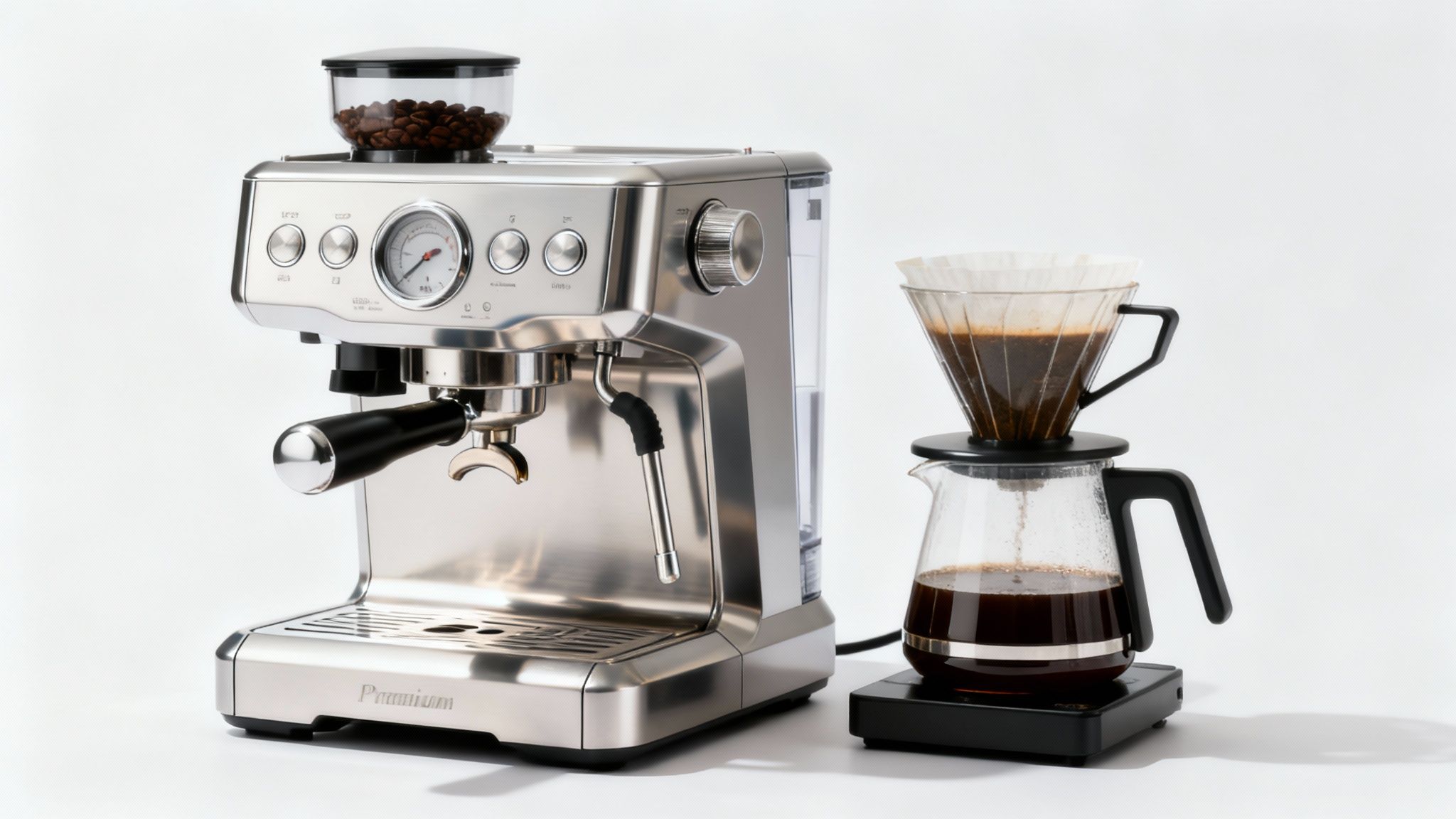 Espresso machine and drip coffee maker side-by-side representing different price points and brand perceptions.
