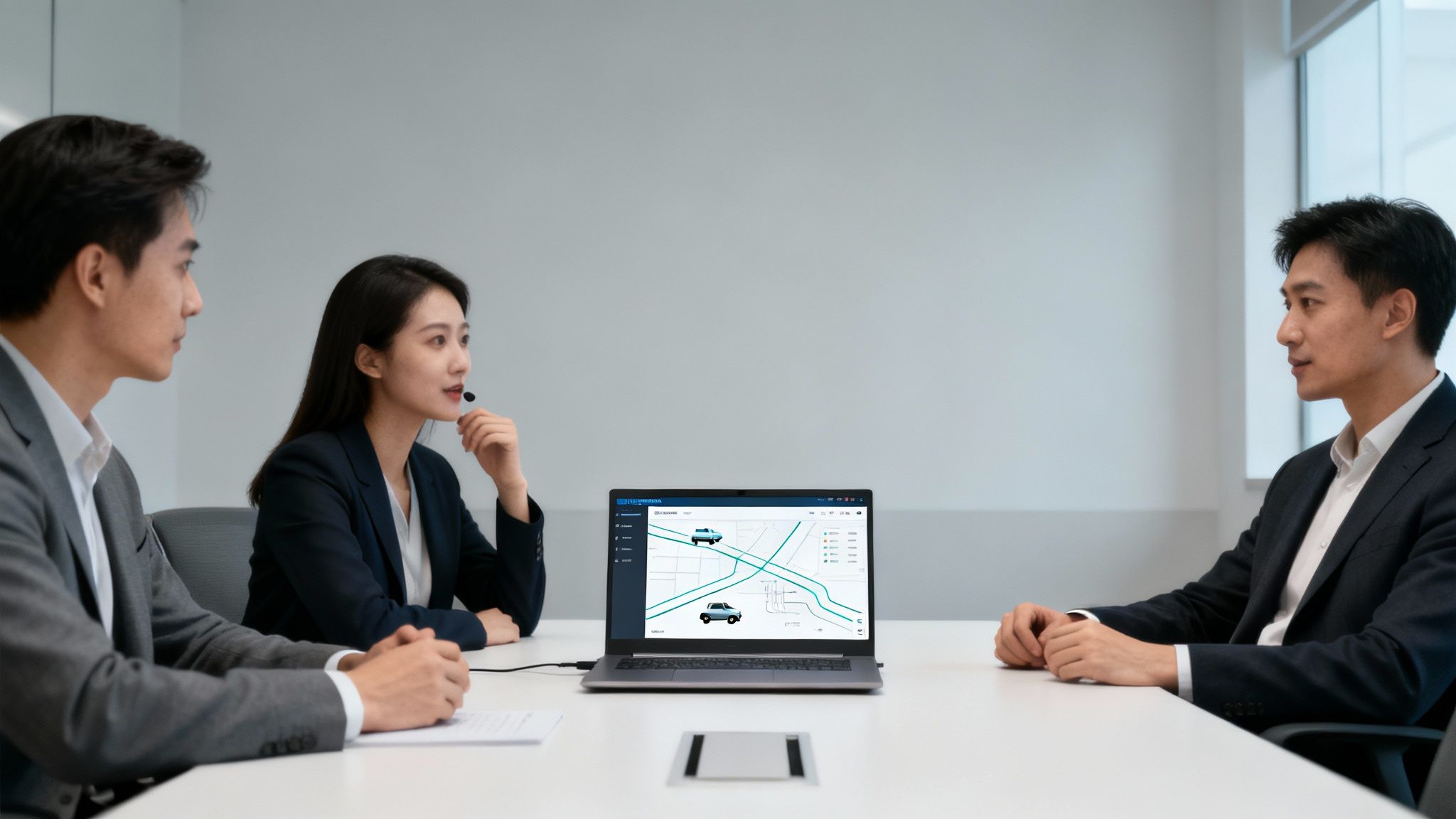 A team of marketers collaborating on a strategy for a telematics company.