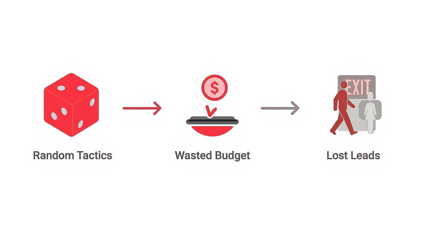 Random tactics depicted as a dice, resulting in wasted budget and lost marketing leads.