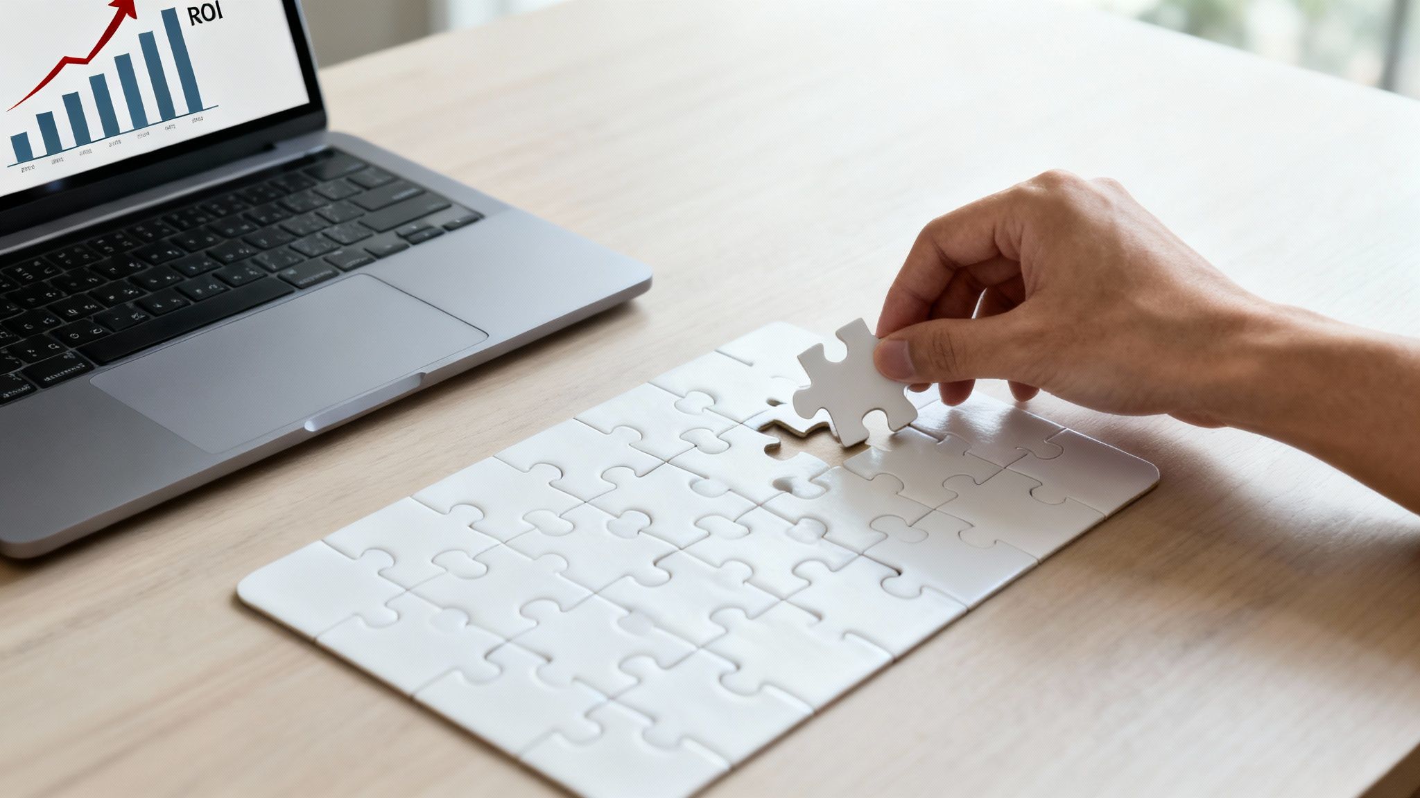 A hand places the final puzzle piece on a wooden desk next to a laptop displaying an ROI graph.