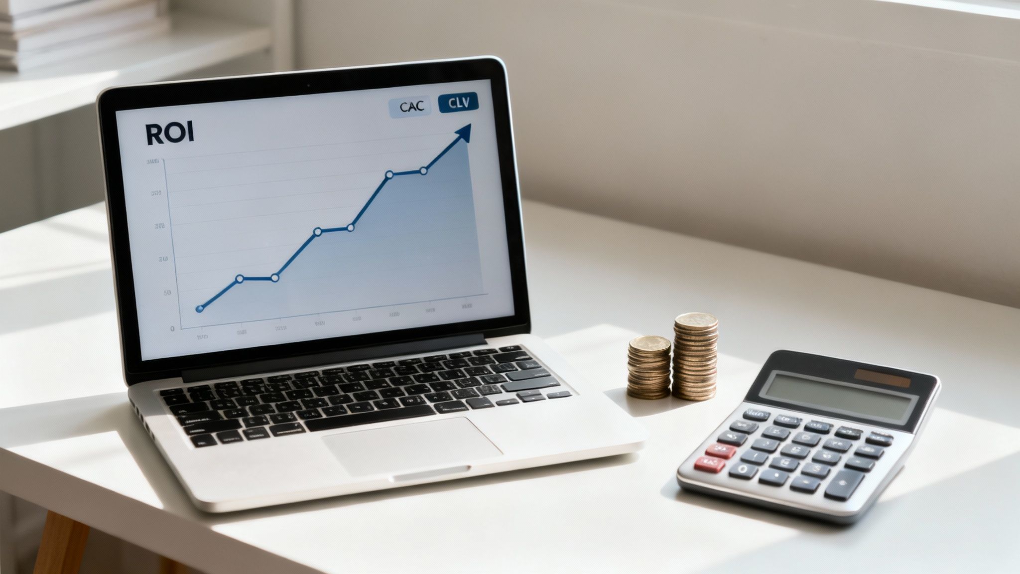 A laptop displays an ROI graph showing increasing trend, with coin stacks and a calculator.