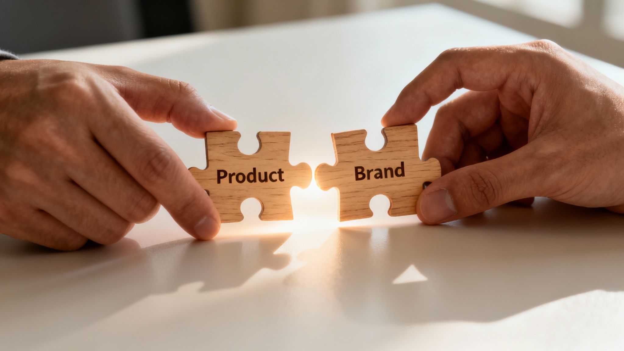 Two hands connect wooden puzzle pieces labeled 'Product' and 'Brand', symbolizing their strong connection.
