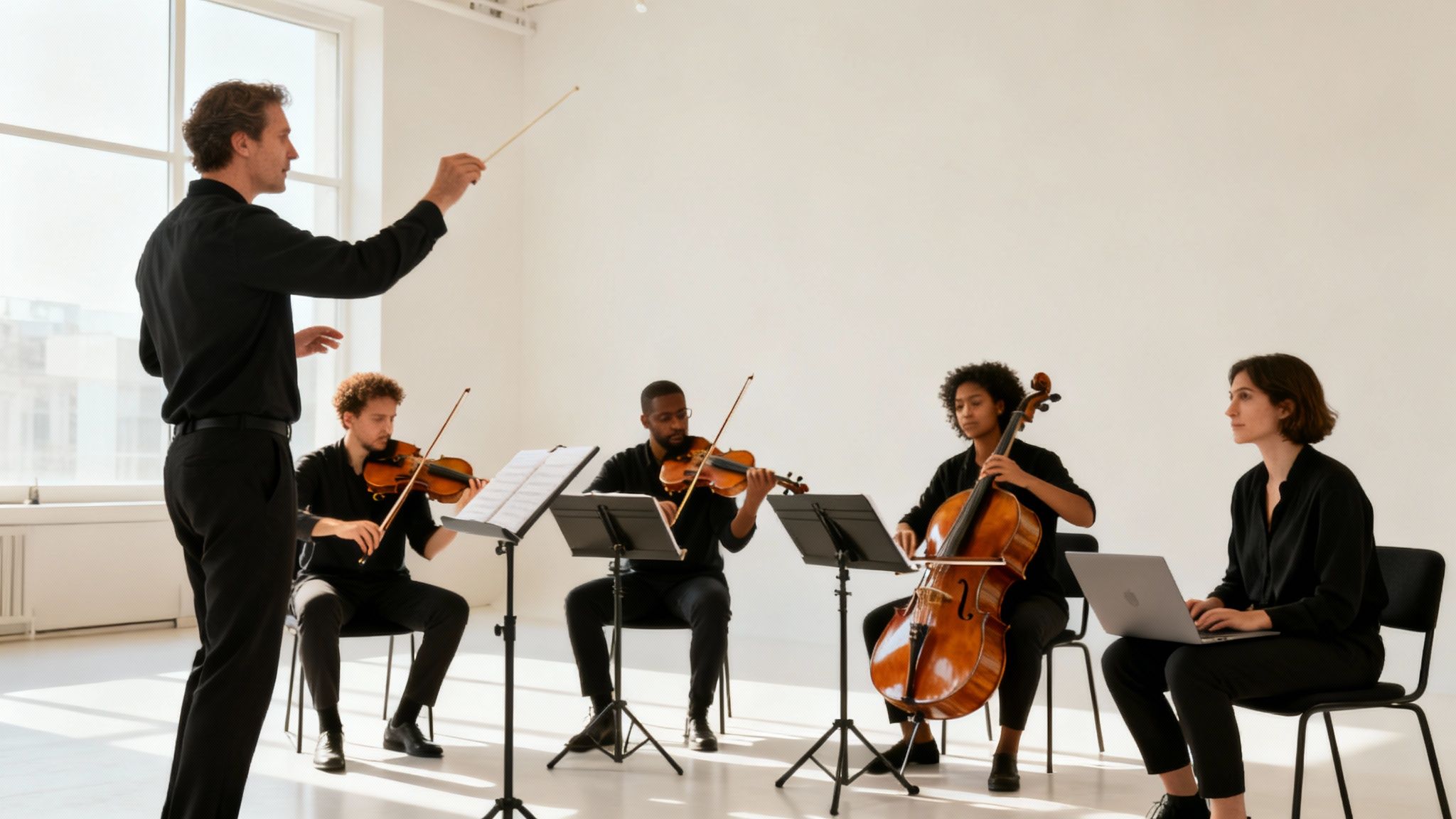A conductor leads a diverse music ensemble with violinists, a cellist, and a woman on a laptop.