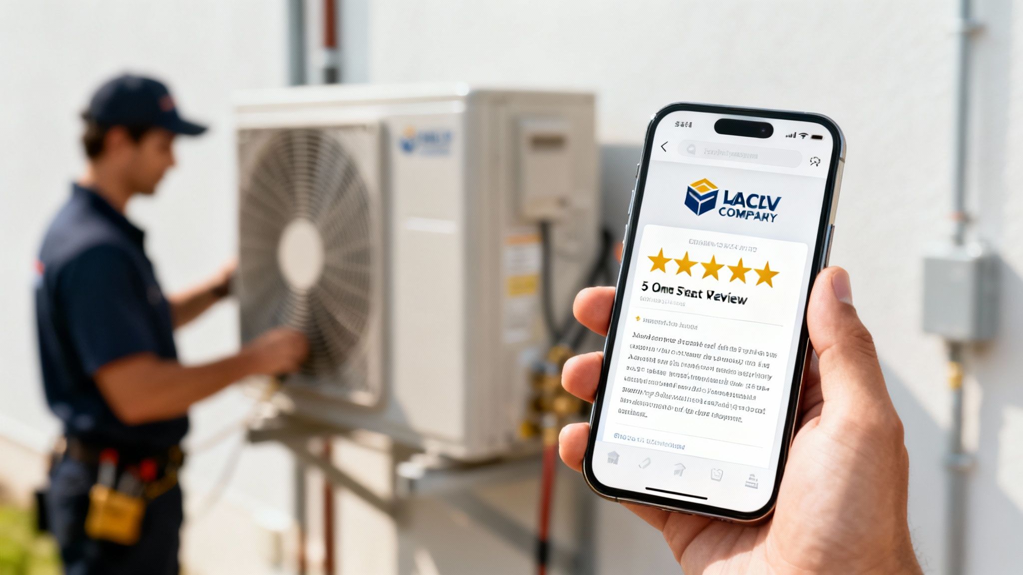 A person leaving a five-star review on a smartphone, symbolizing HVAC reputation management.