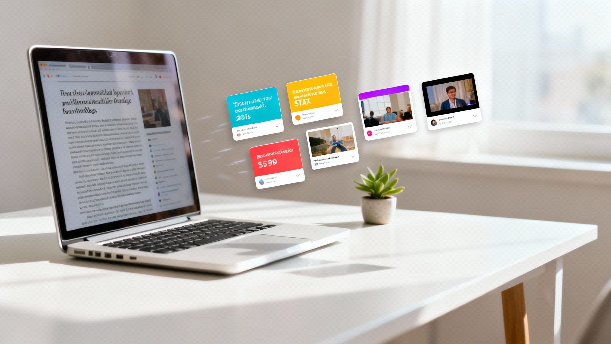 A laptop on a white desk displays a web page, surrounded by floating cards showing diverse digital content.