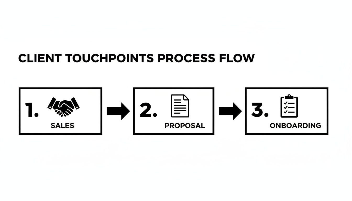 A three-step process flow illustrating client touchpoints: Sales, Proposal, and Onboarding stages.