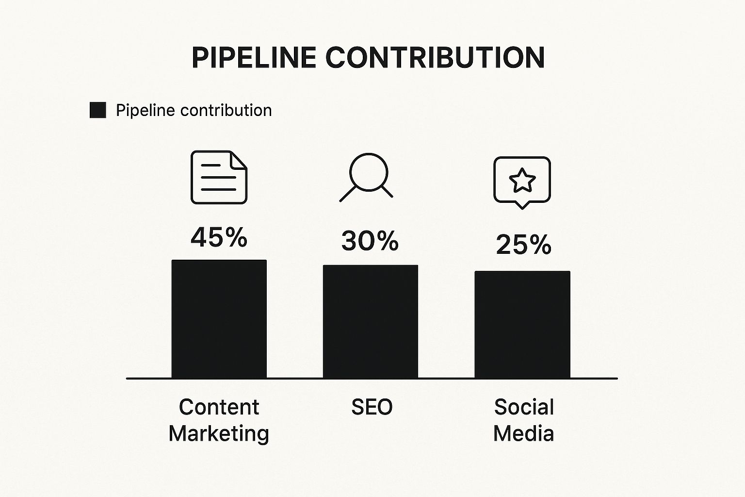 Infographic showing pipeline contribution by channel Content Marketing at 45%, SEO at 30%, and Social Media at 25%.