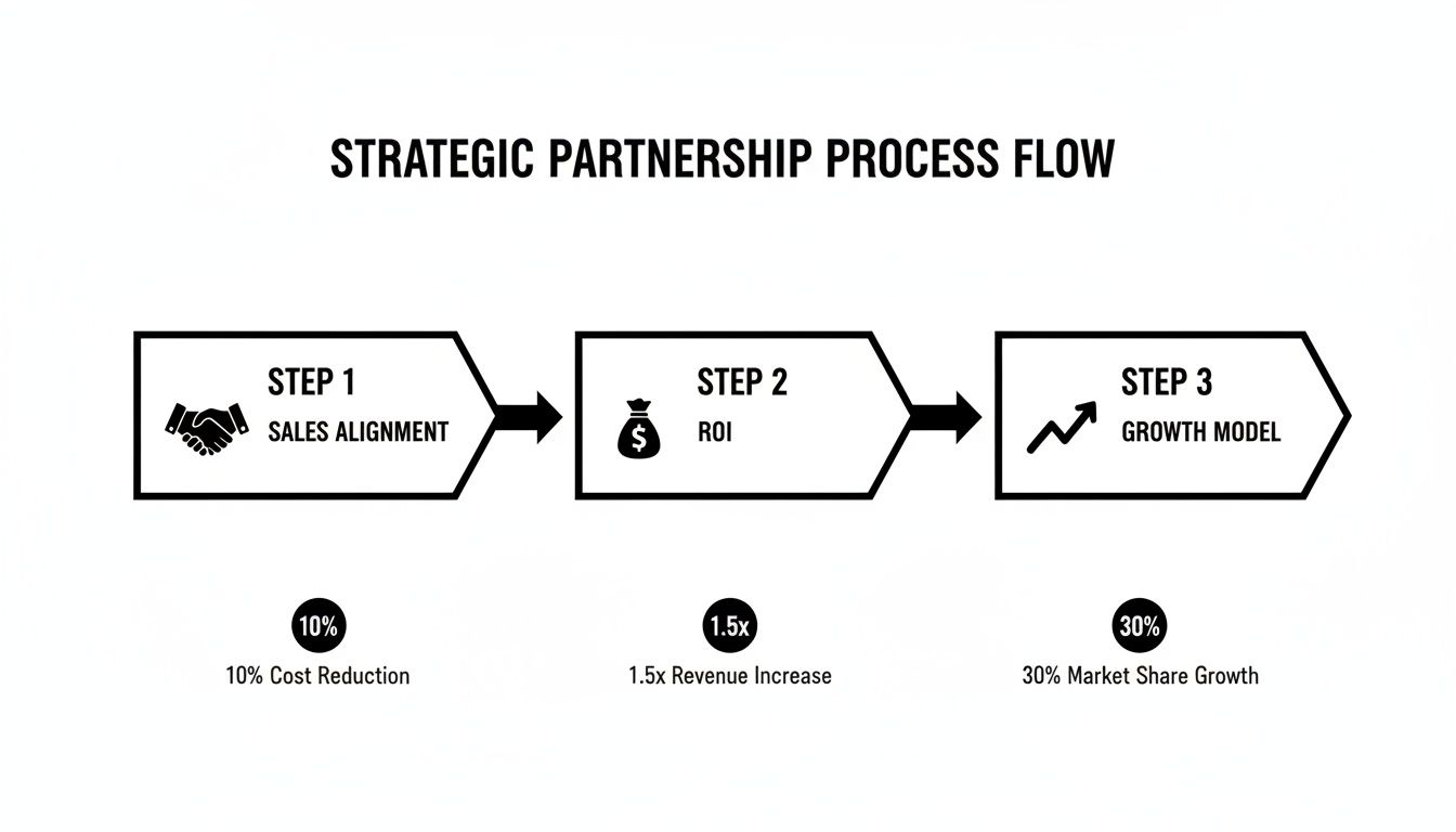 Flowchart illustrating a strategic partnership process with steps for sales alignment, ROI, and growth.