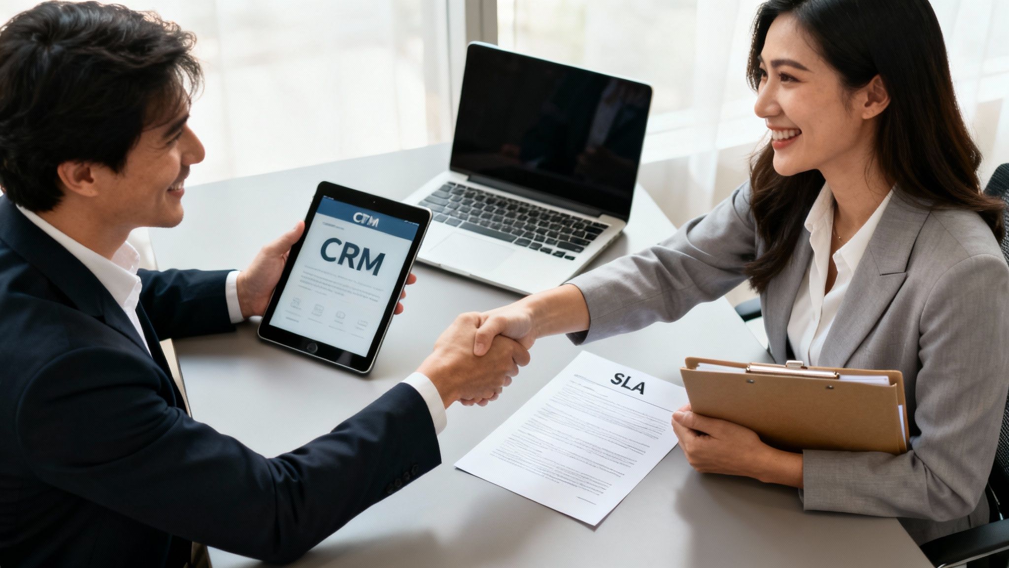 Two smiling business professionals shaking hands over a table with a CRM tablet and an SLA document.