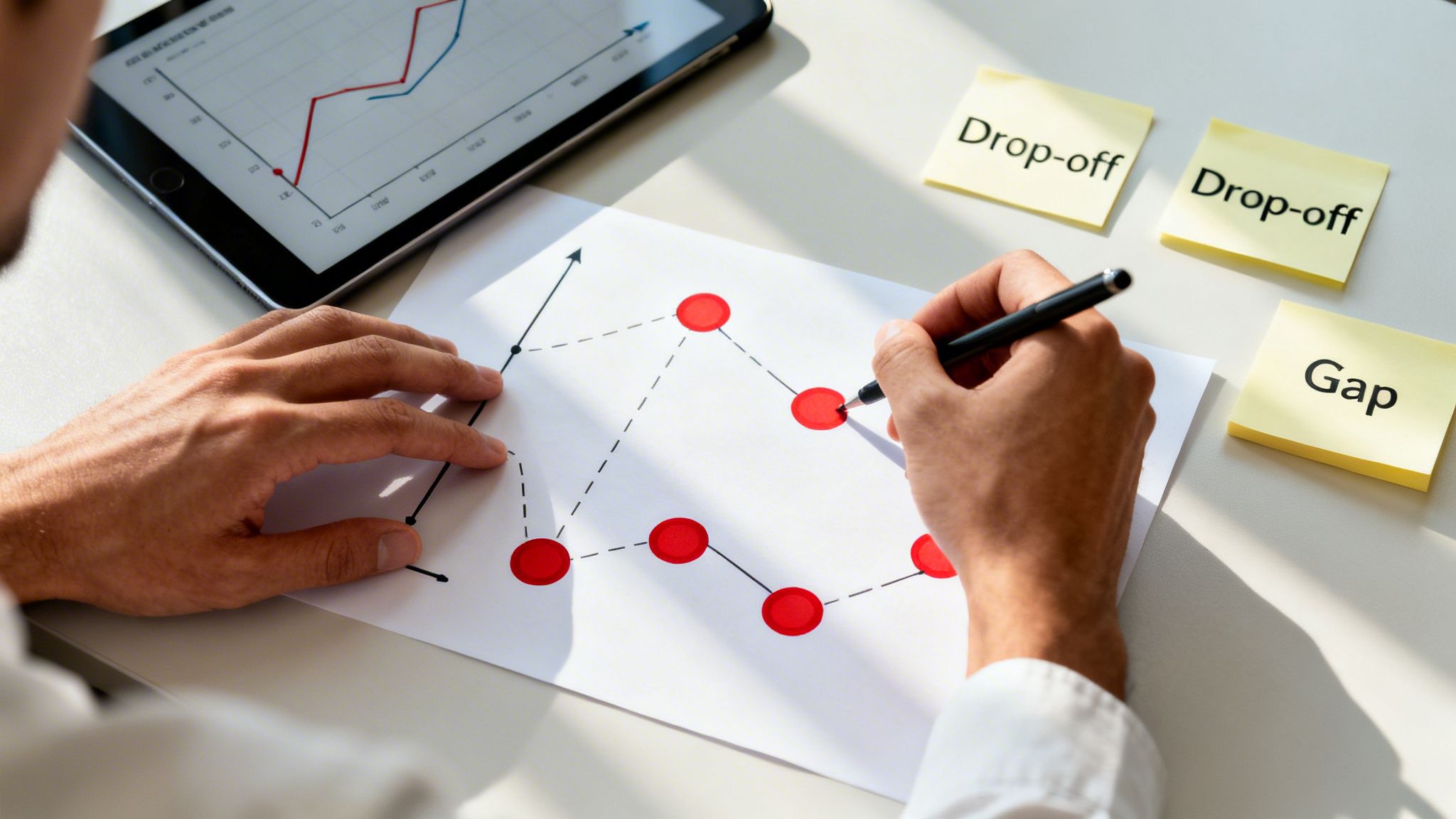Hands analyzing a process flow with red circles and a tablet graph, next to sticky notes 'Drop-off' and 'Gap'.