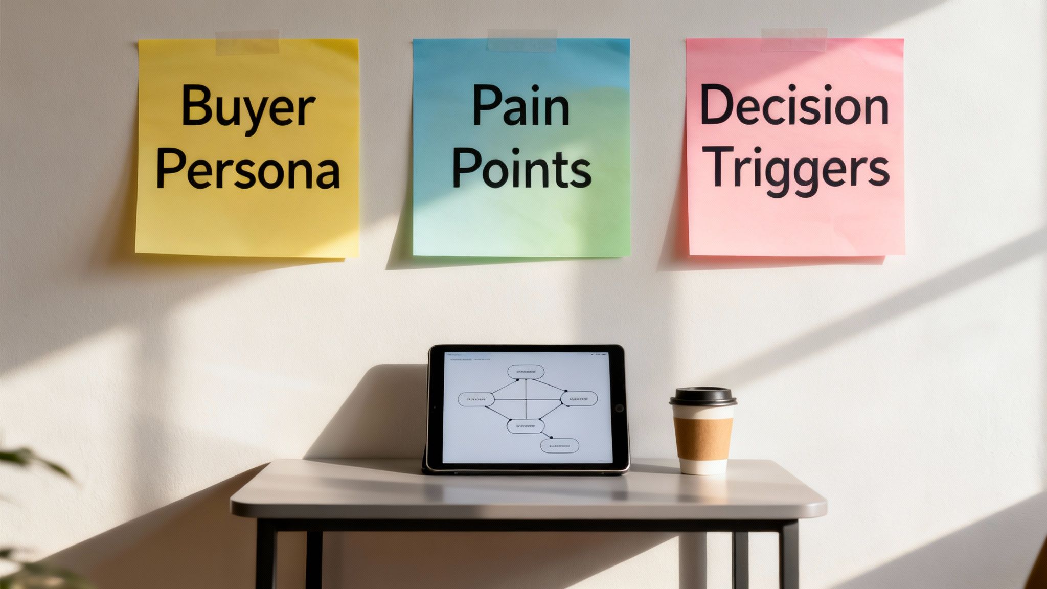 Sticky notes displaying 'Buyer Persona', 'Pain Points', and 'Decision Triggers' on a wall above a tablet and coffee.