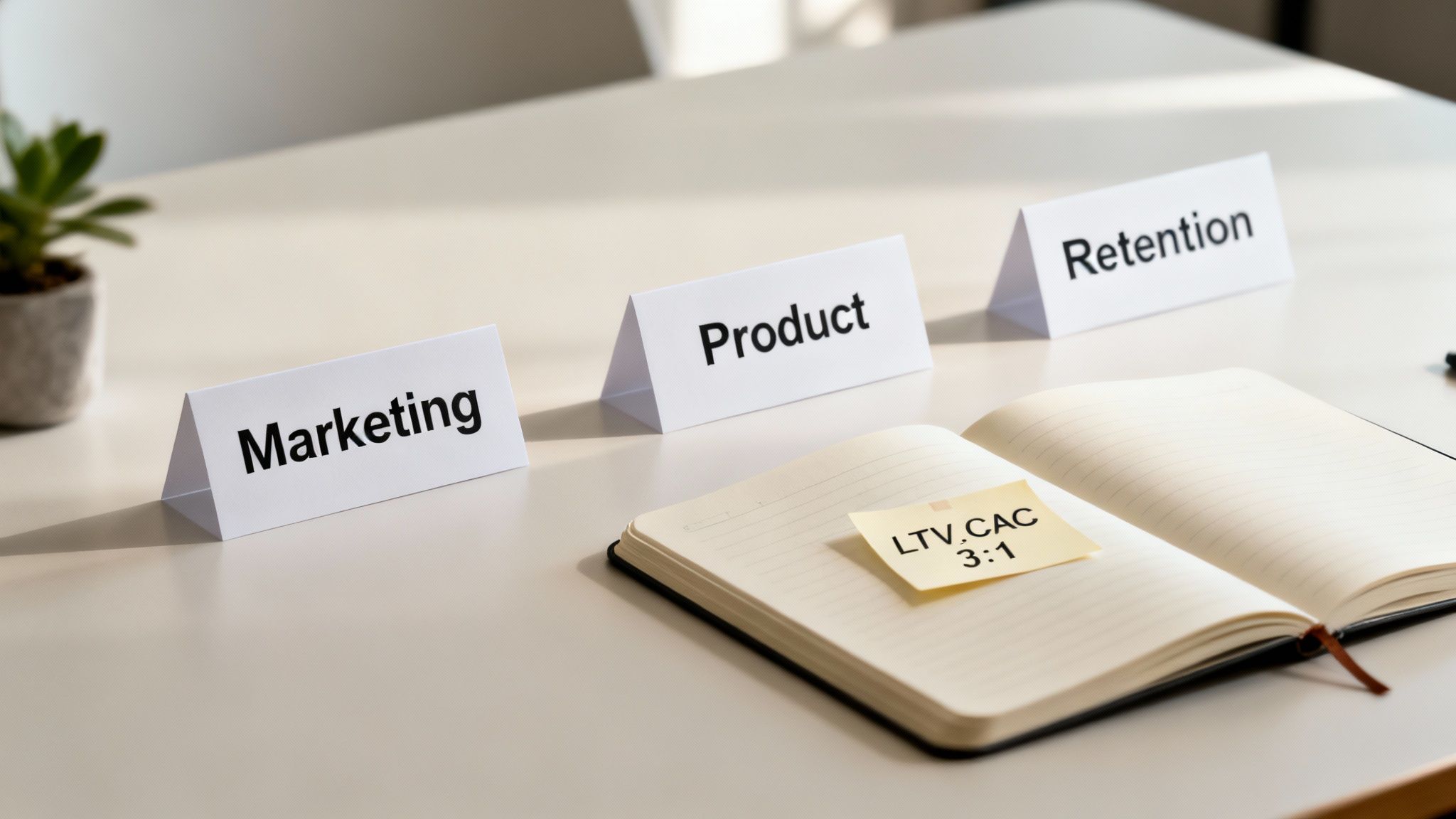 A table with 'Marketing', 'Product', 'Retention' cards and a notebook showing 'LTV:CAC 3:1' ratio.