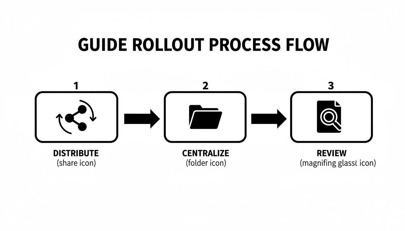 A three-step process flow for guide rollout: Distribute, Centralize, and Review.