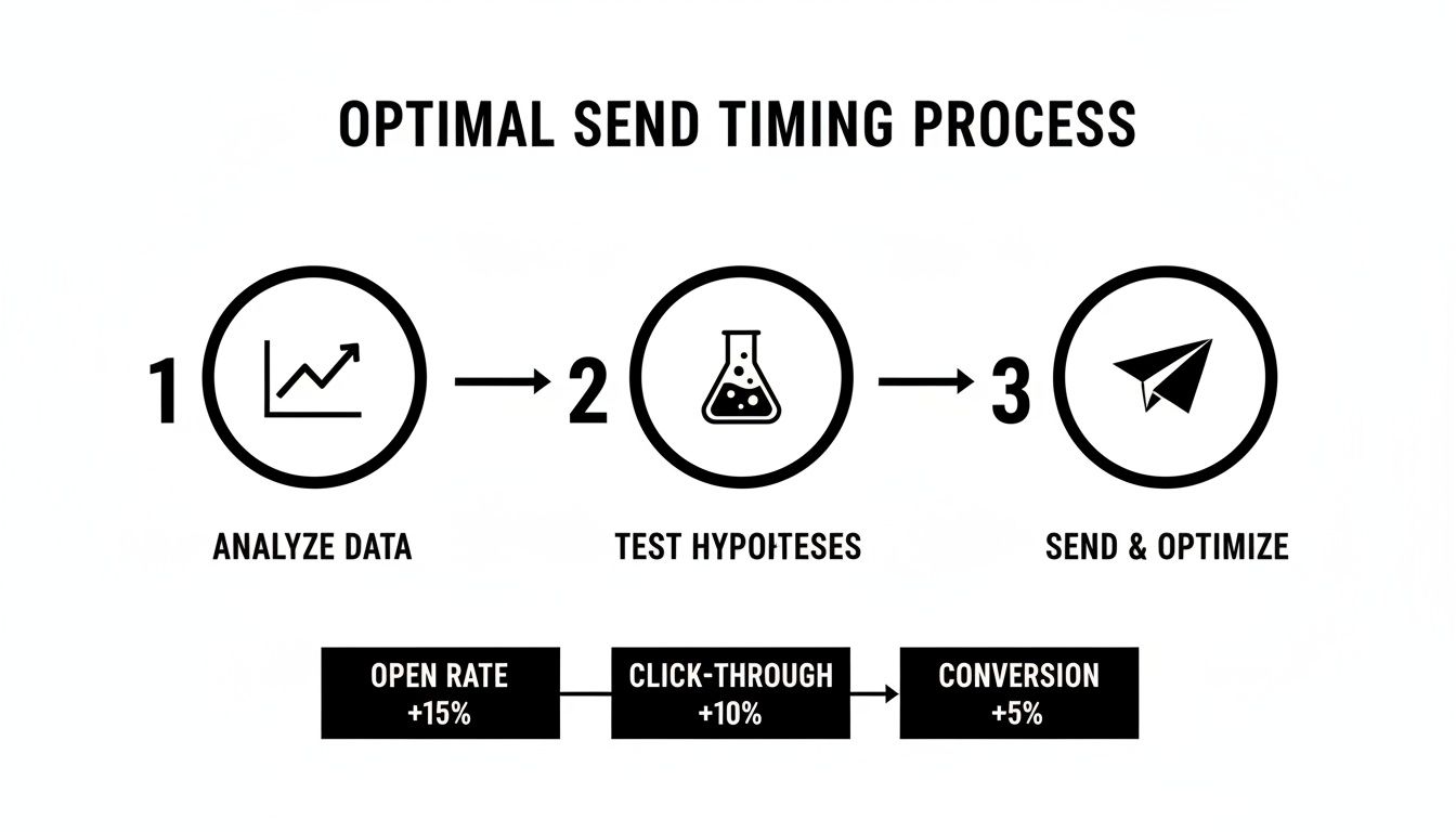 Diagram of optimal email send timing process: analyze data, test hypotheses, and optimize for improved open, click-through, and conversion rates.