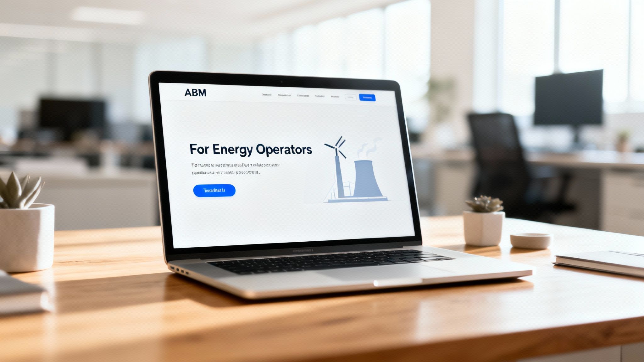 Laptop on a wooden desk showing an ABM website for energy operators with an industry illustration.