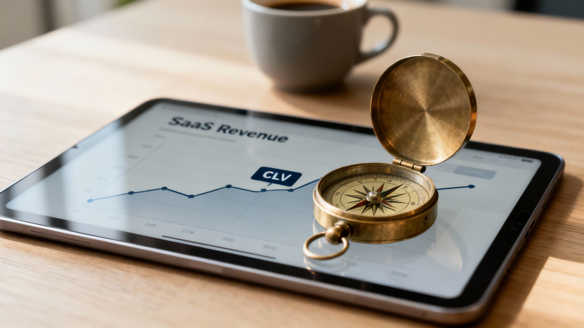 A brass compass resting on a tablet displaying a SaaS revenue graph with a CLV label.