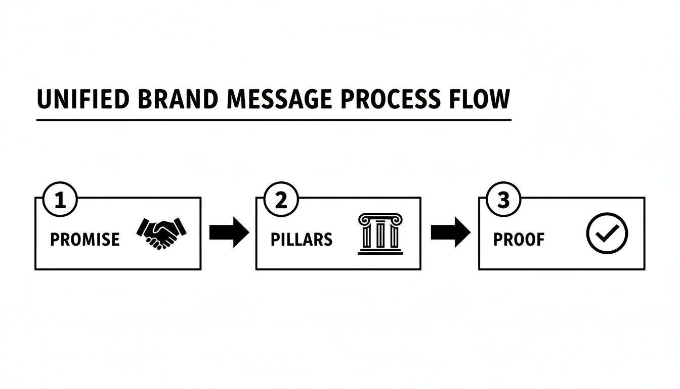 A unified brand message process flow diagram showing three steps: Promise, Pillars, and Proof.