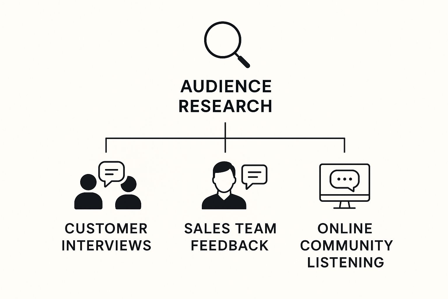 Infographic outlining the three pillars of audience research Customer Interviews, Sales Team Feedback, and Online Community Listening.