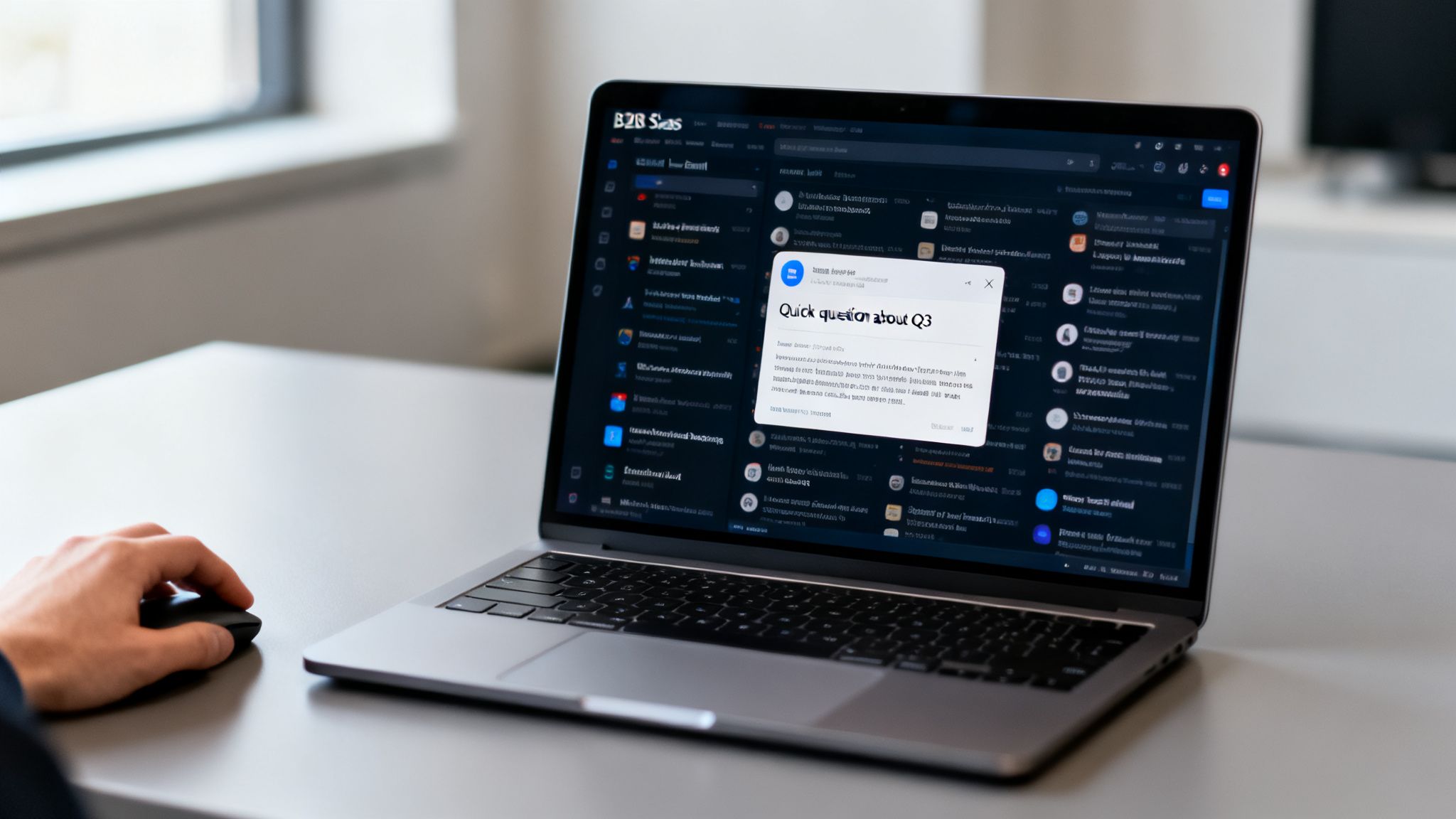 A person's hand uses a computer mouse next to a laptop displaying an email interface with a pop-up.