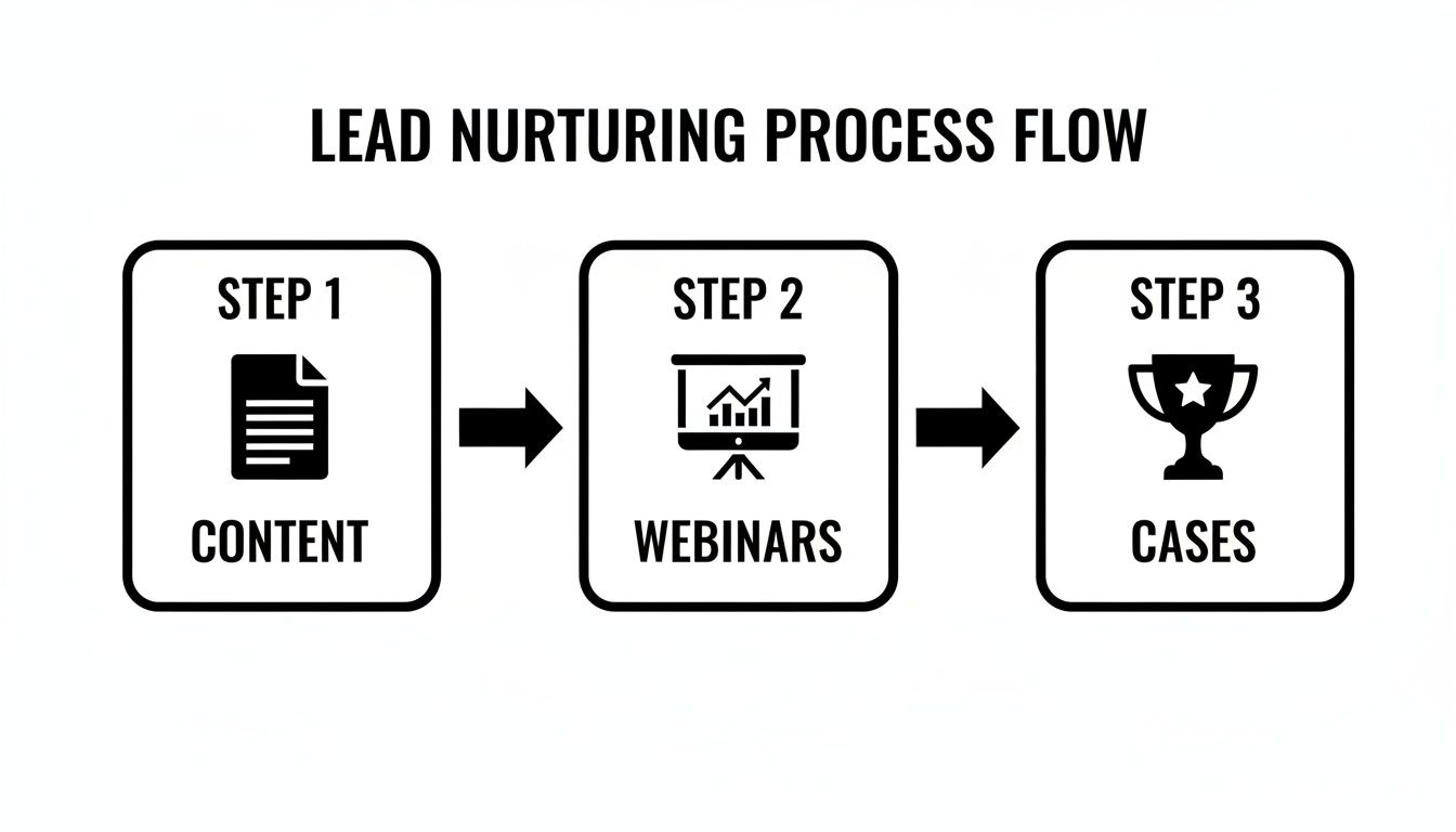 A lead nurturing process flow chart showing three steps: Content, Webinars, and Cases.