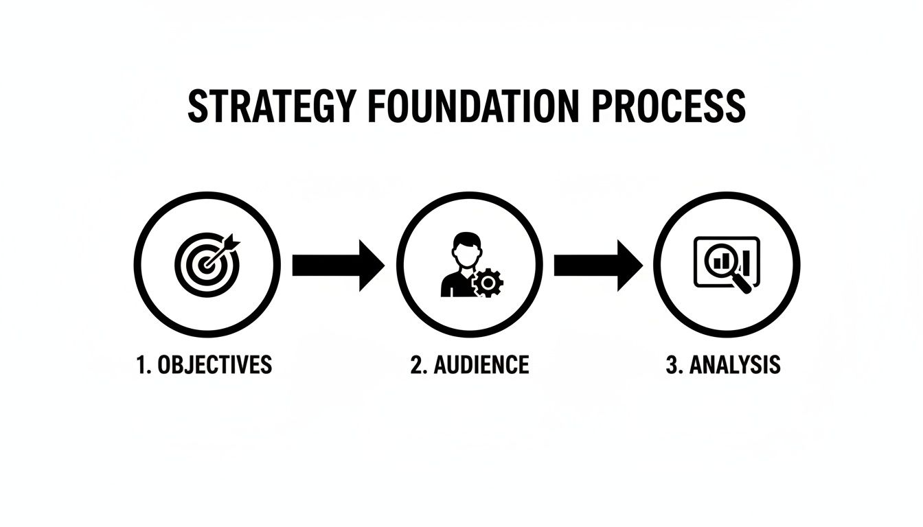 A three-step strategy foundation process with icons for objectives, audience, and analysis.