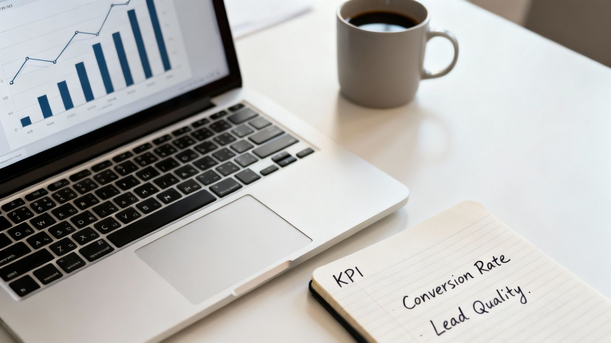 A laptop displaying business analytics, a coffee mug, and a notebook with 'KPI' and 'Conversion Rate' metrics.