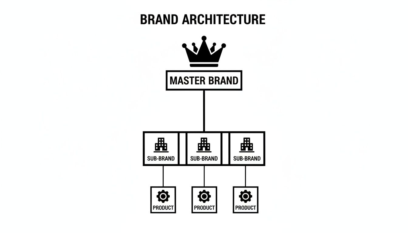 Diagram illustrating brand architecture, showing a master brand leading to sub-brands and then products.