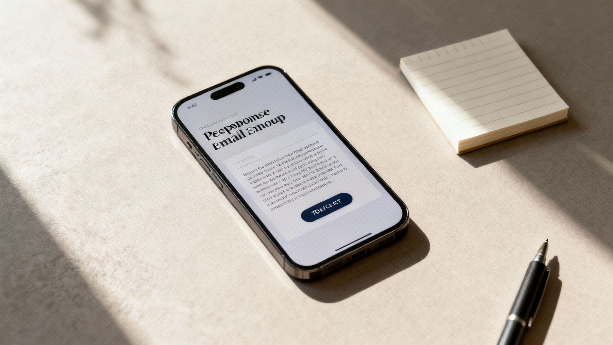 A smartphone displaying an email signup page rests on a desk next to a notepad and pen.