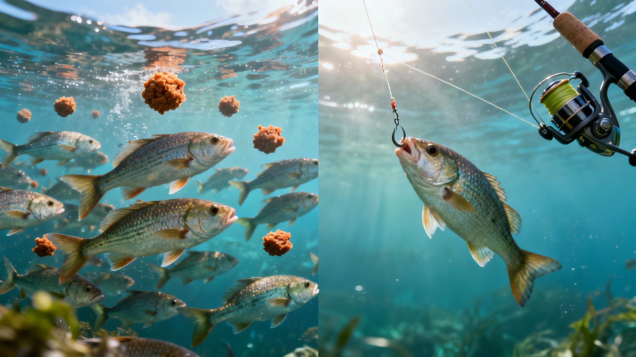 A split image showing a wide net for demand generation and a fishing rod for lead generation.