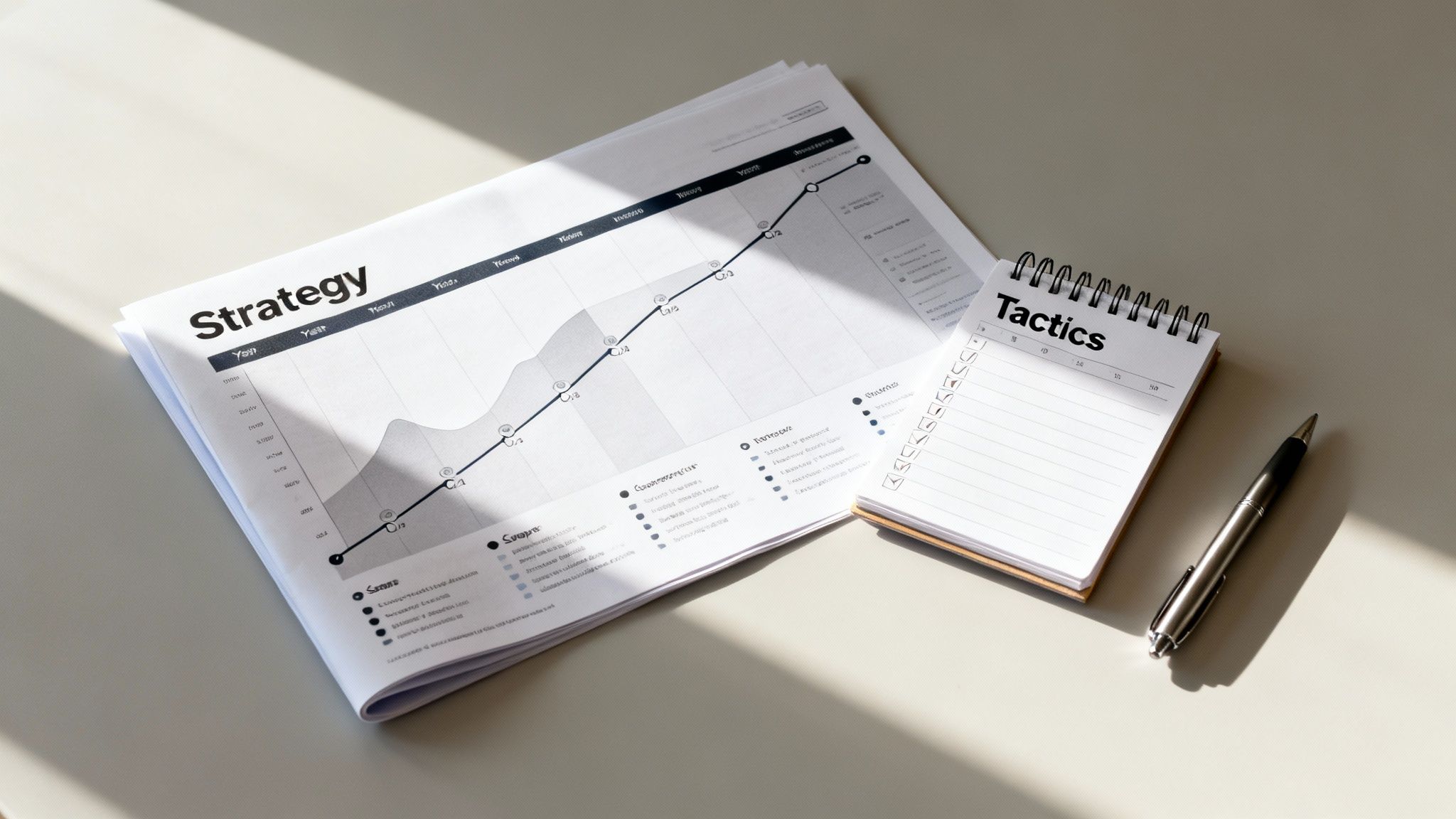 A document titled 'Strategy' with a graph, next to a 'Tactics' notebook and pen.