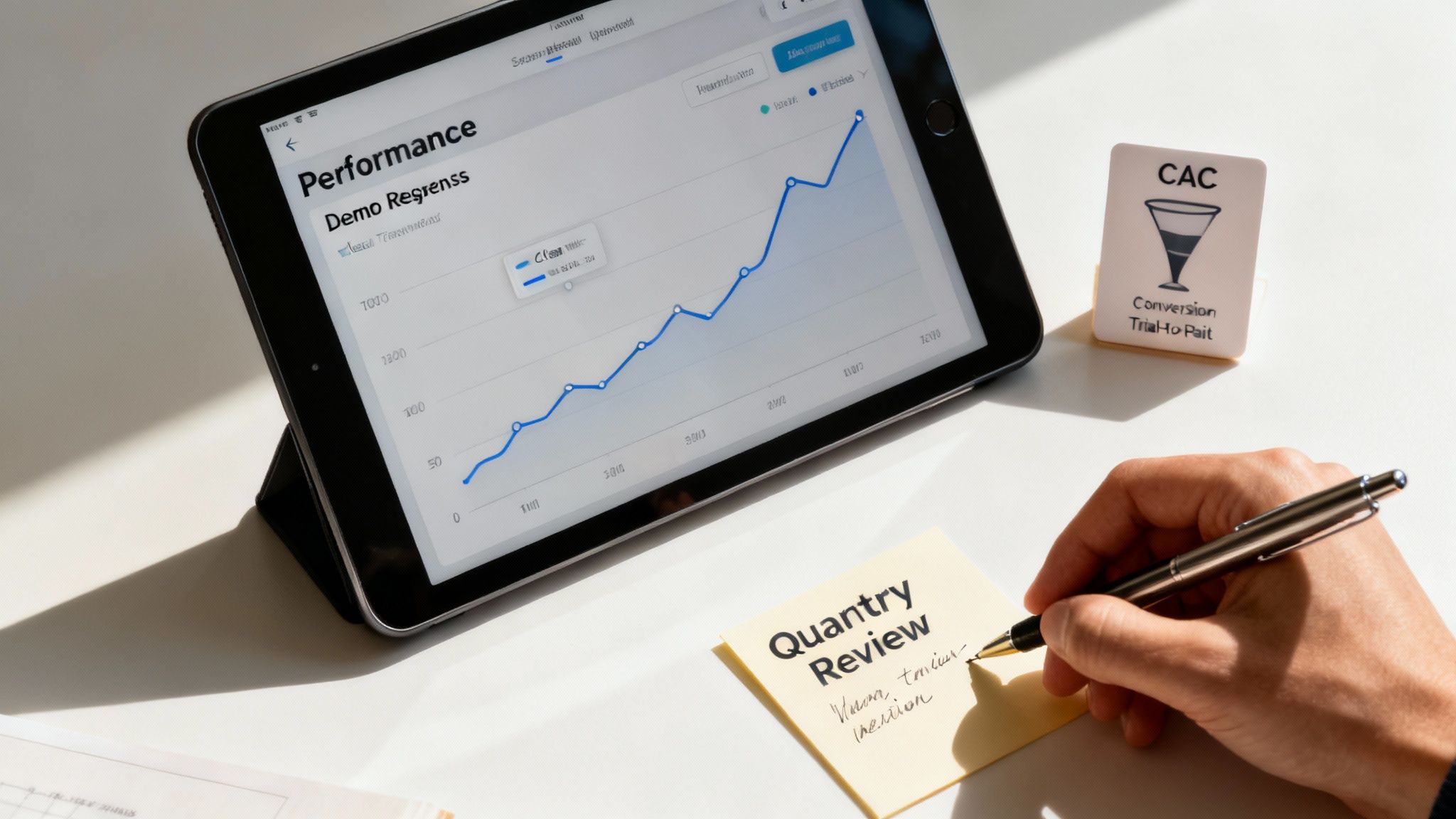 Business professional reviewing quarterly performance metrics and CAC conversion data on tablet device
