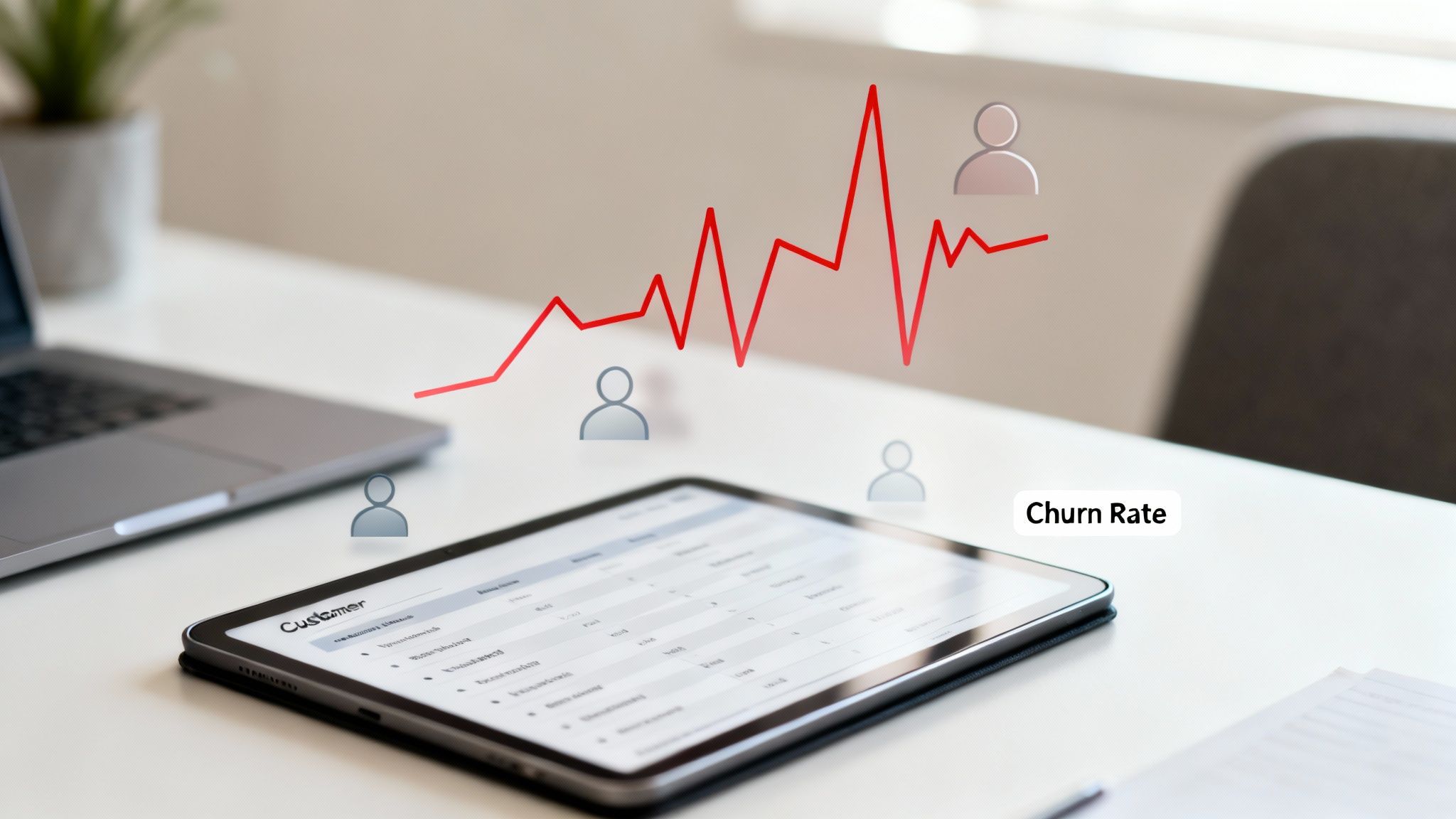 Digital tablet and laptop on a white desk with an overlaid red graph visualizing customer churn rate.