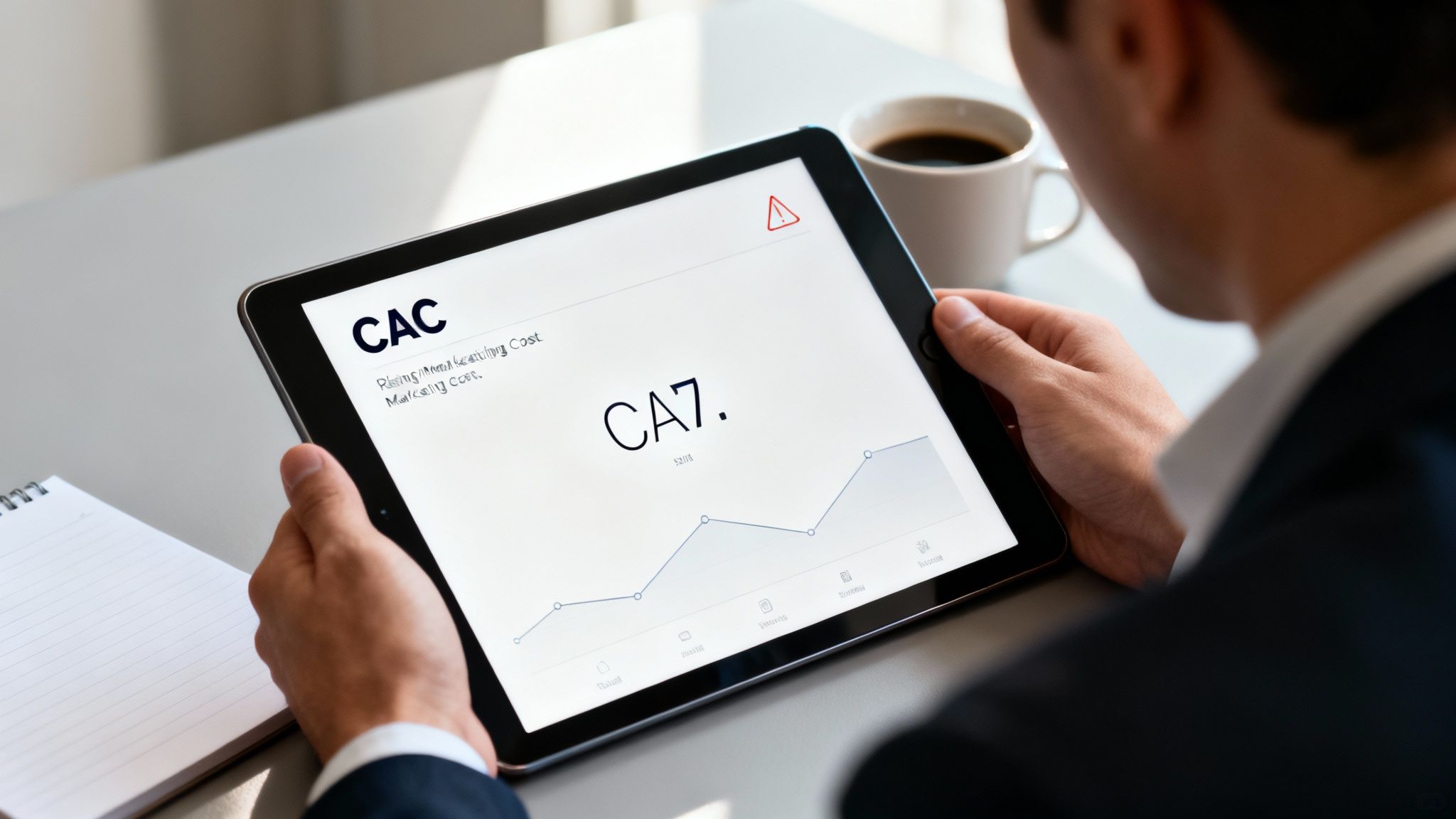 A person holds a tablet displaying a rising customer acquisition cost (CAC) graph with an alert.