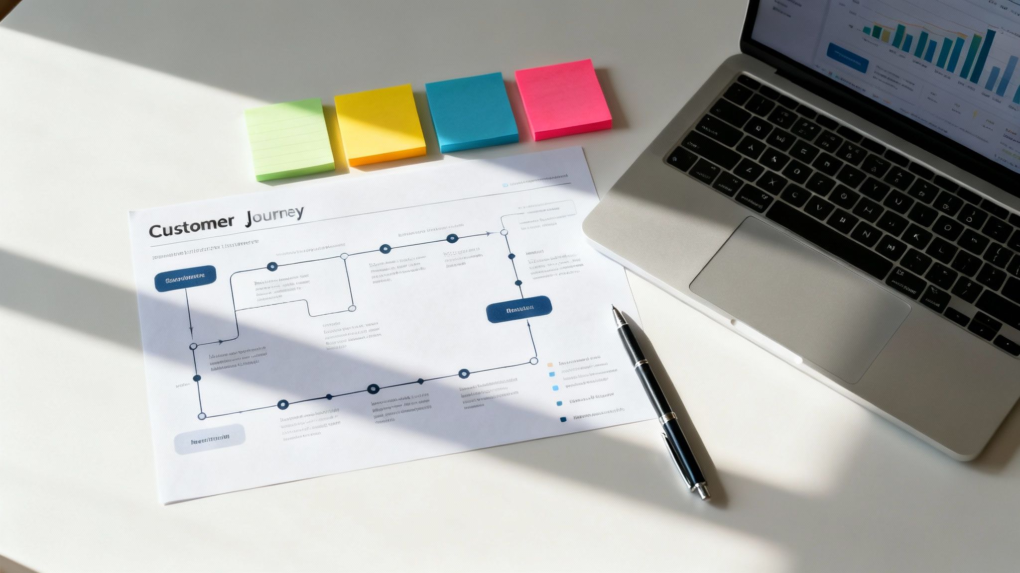 Overhead shot of a customer journey map document, laptop, colorful sticky notes, and a pen on a white desk.