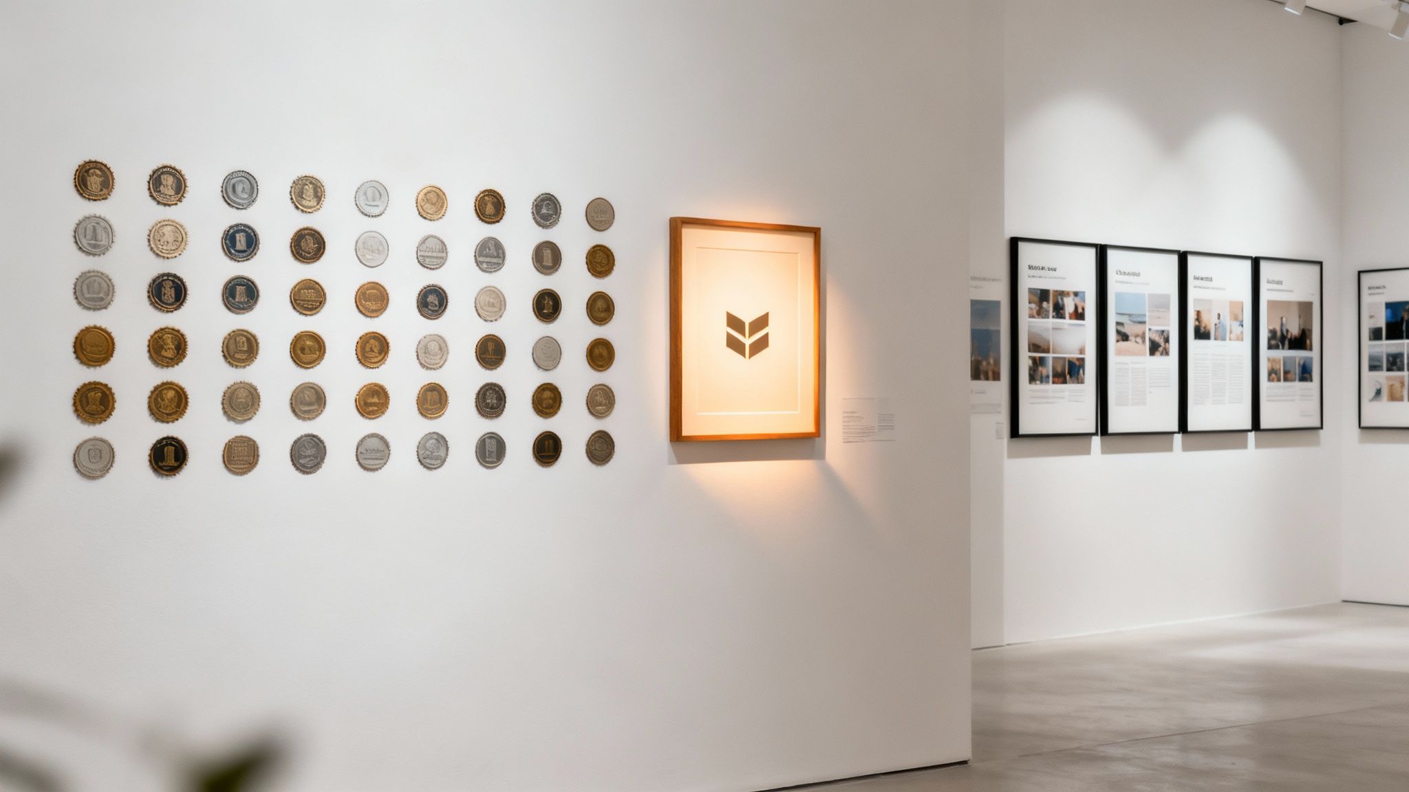 A modern art gallery with framed artworks, circular metallic displays, and informational posters on white walls.