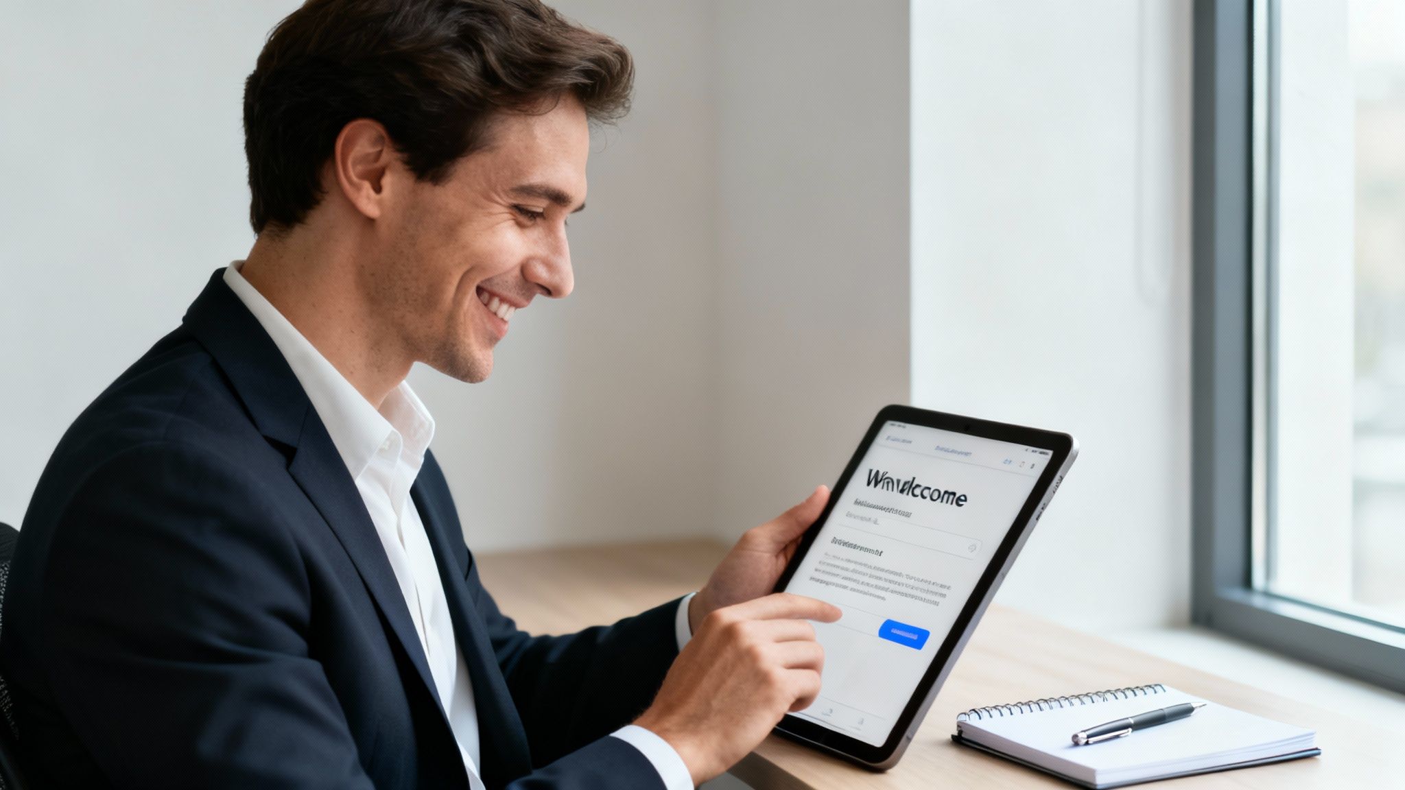 A smiling businessman in a dark suit using a tablet showing a welcome screen in an office.