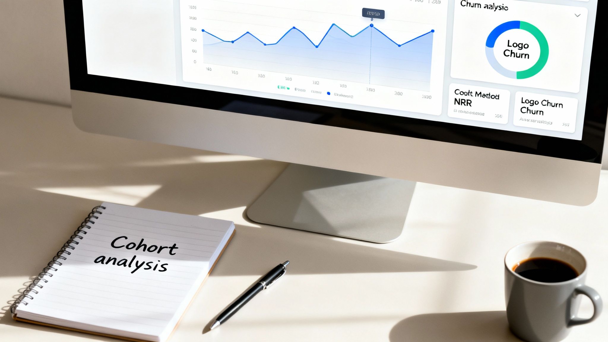 A desk with a computer displaying churn analysis data, a notebook with 'Cohort analysis', a pen, and a coffee.
