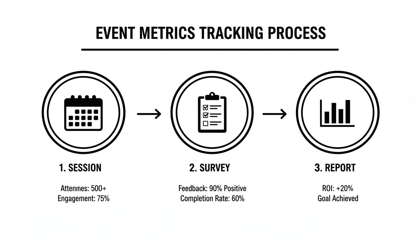 An infographic illustrating the event metrics tracking process with three stages: Session, Survey, and Report, showing key performance indicators.