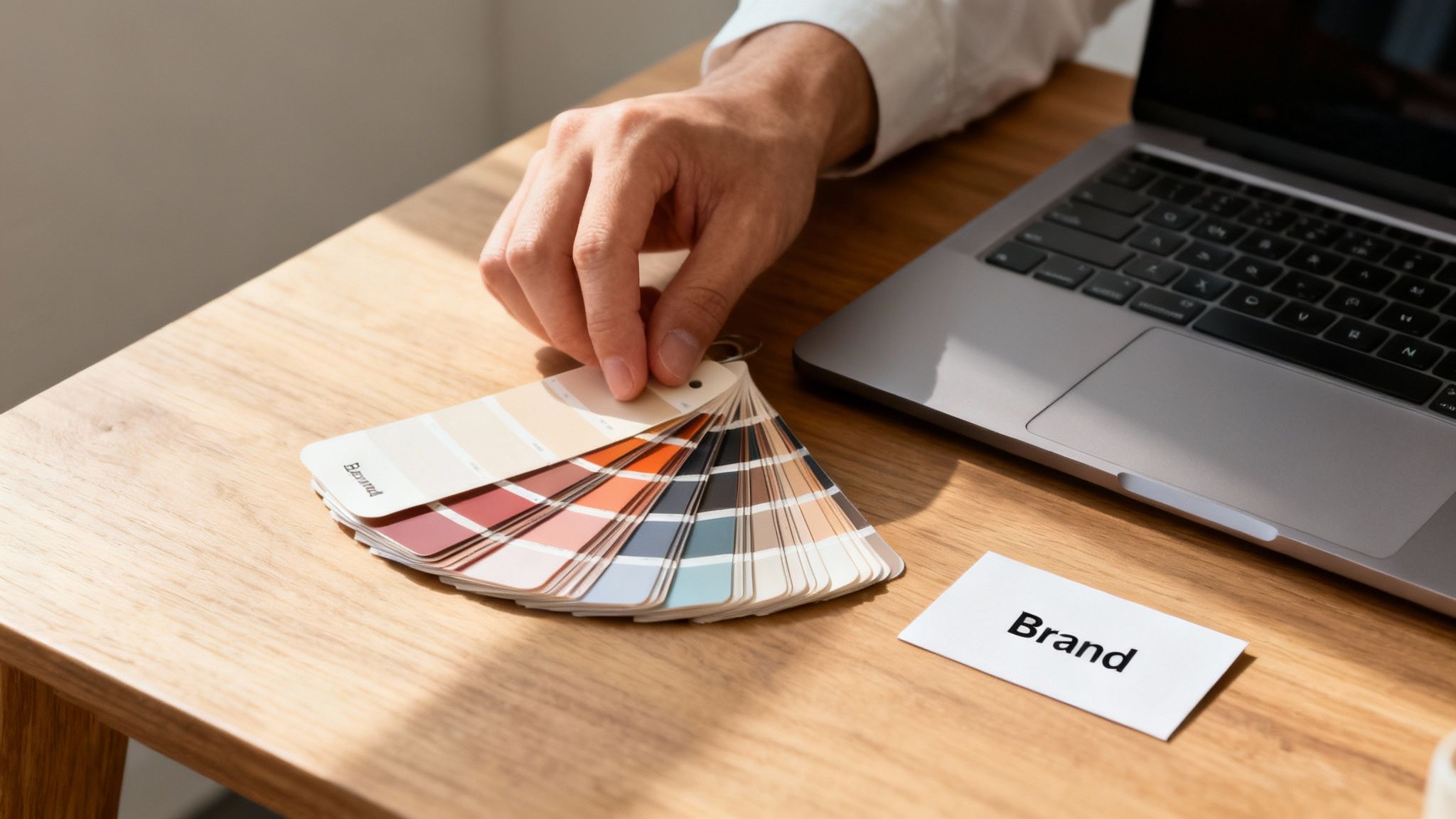 A designer's hand selects colors from a palette near a laptop and 'Brand' card on a wooden table.