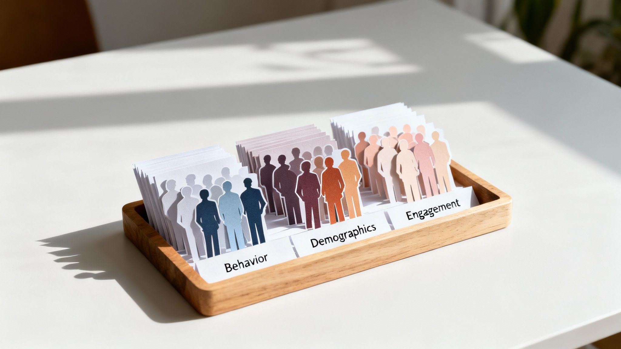 Paper cutouts of diverse people representing customer segmentation into behavior, demographics, and engagement.