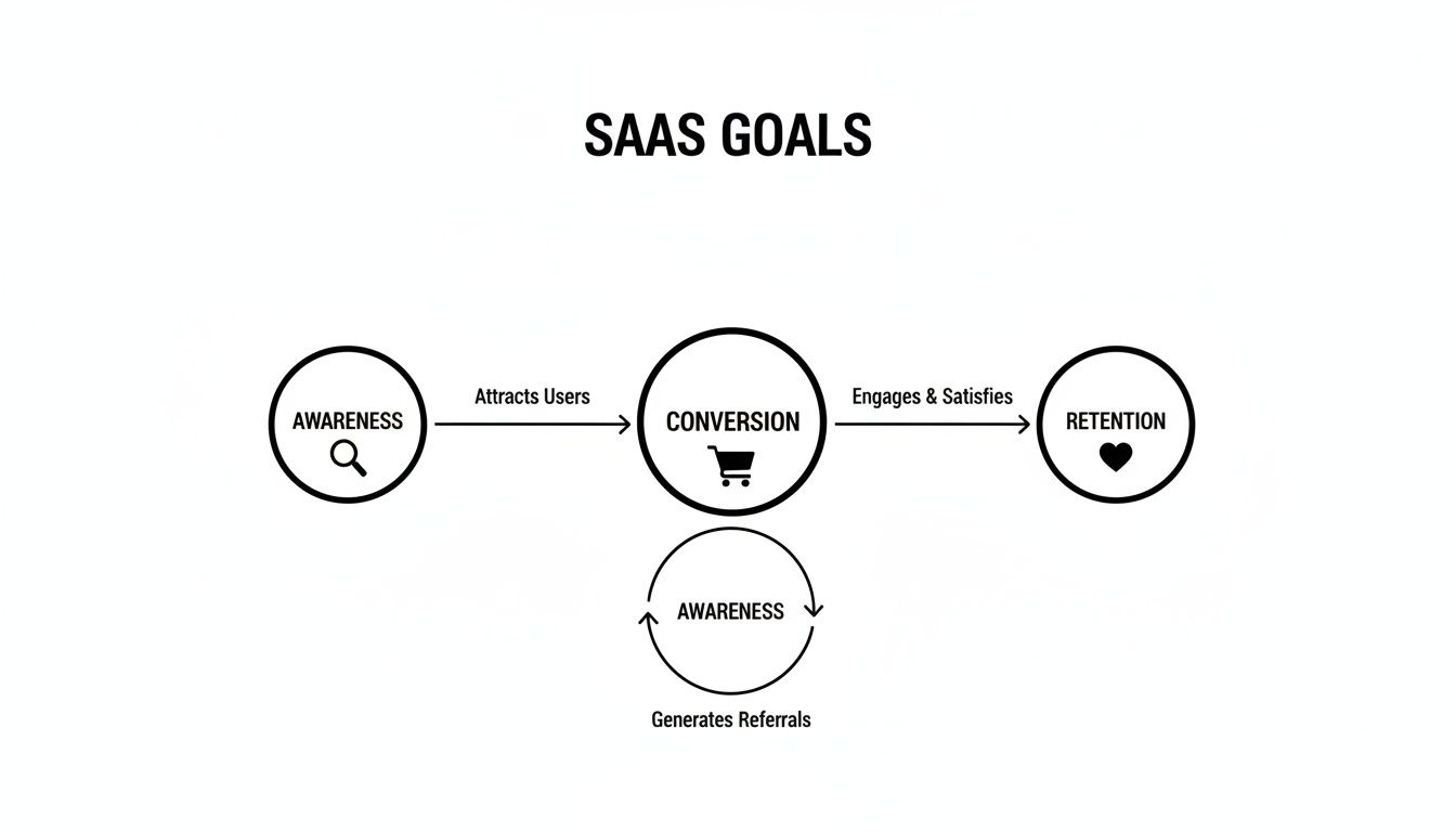 Diagram illustrating SAAS goals: Awareness, Conversion, and Retention stages with their relationships.