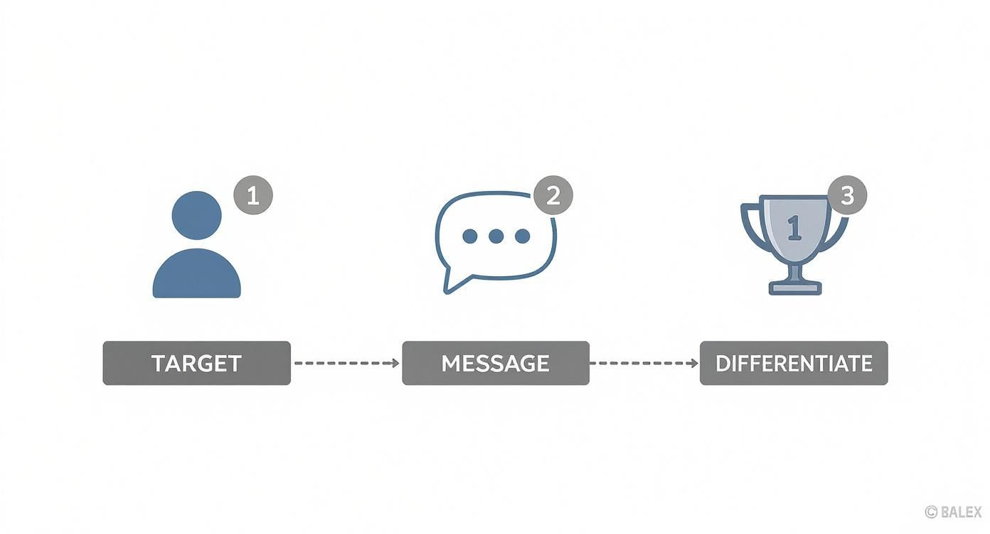 A three-step diagram illustrating the marketing process: target, message, and differentiate.