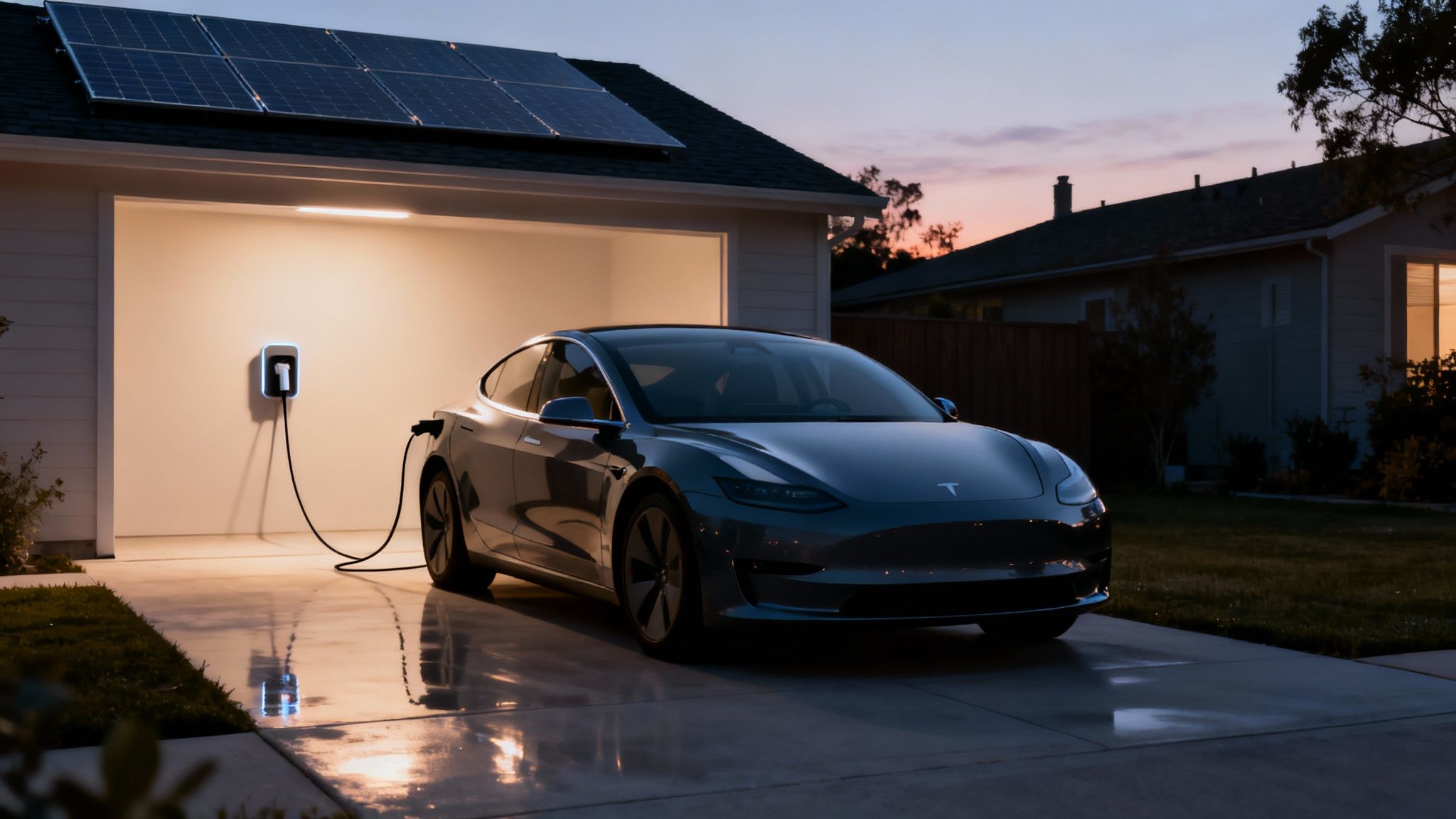 A sleek Tesla electric car charges in a home driveway at dusk, with solar panels on the roof.