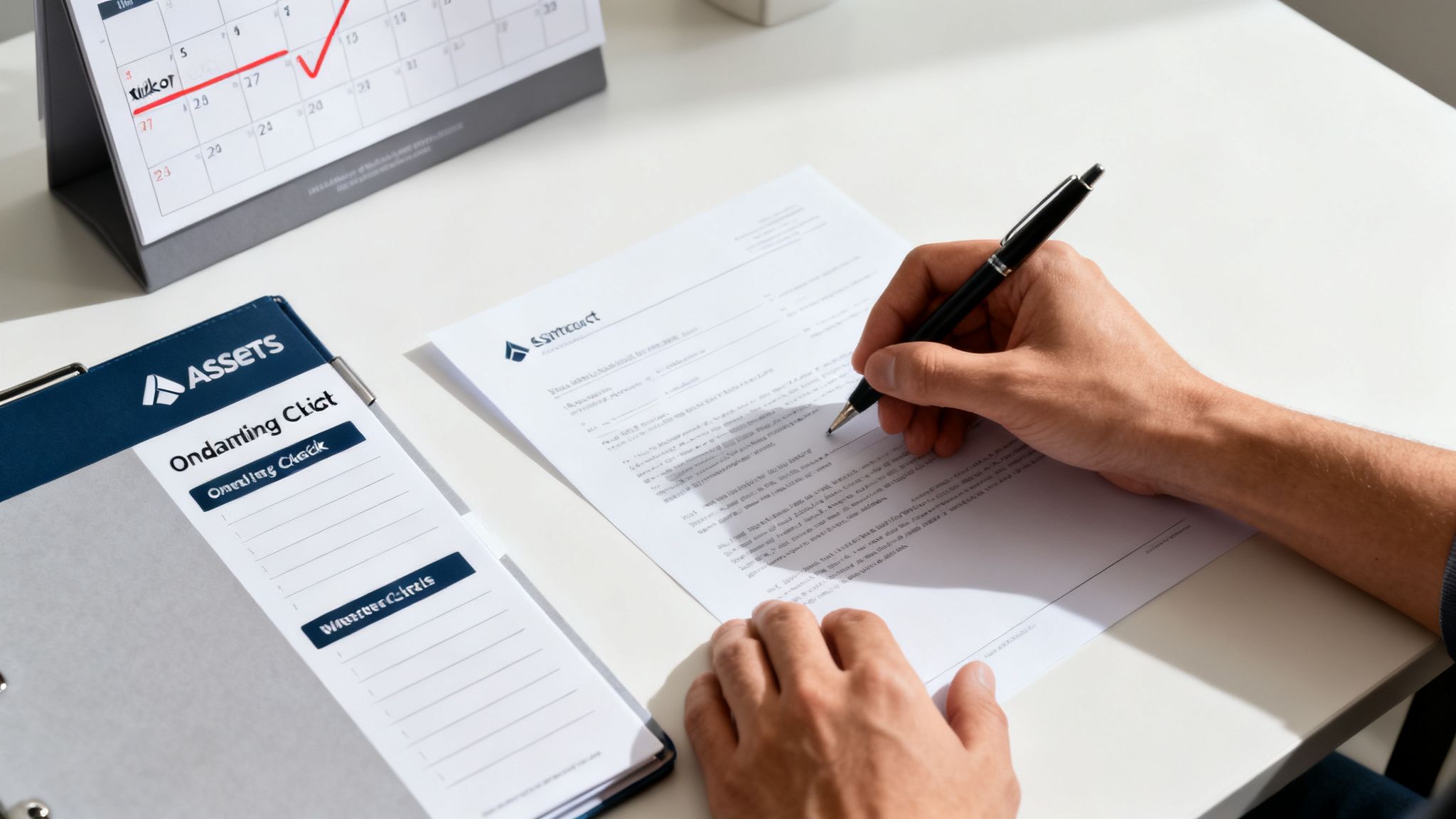 A person's hands are signing a document with a pen, next to a calendar and a folder.