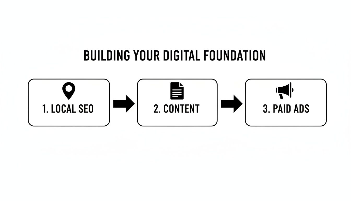 Flowchart outlining the steps for building a digital foundation: Local SEO, Content, and Paid Ads.