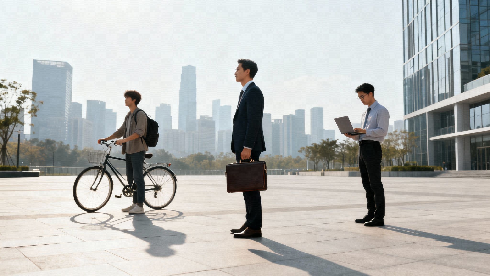 A diverse group of people interacting with a digital city map interface