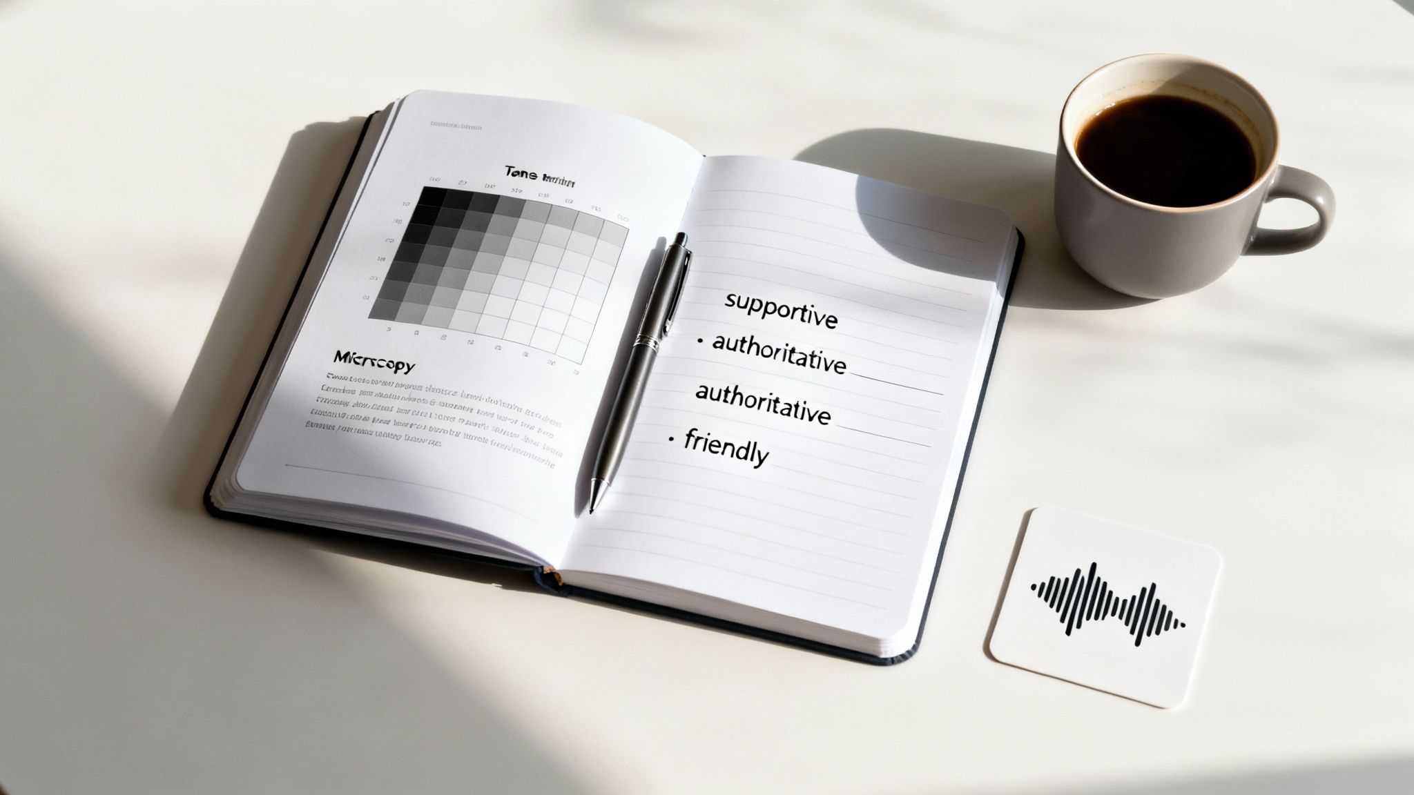 An open notebook with a pen, a coffee cup, and a soundwave coaster on a white desk.