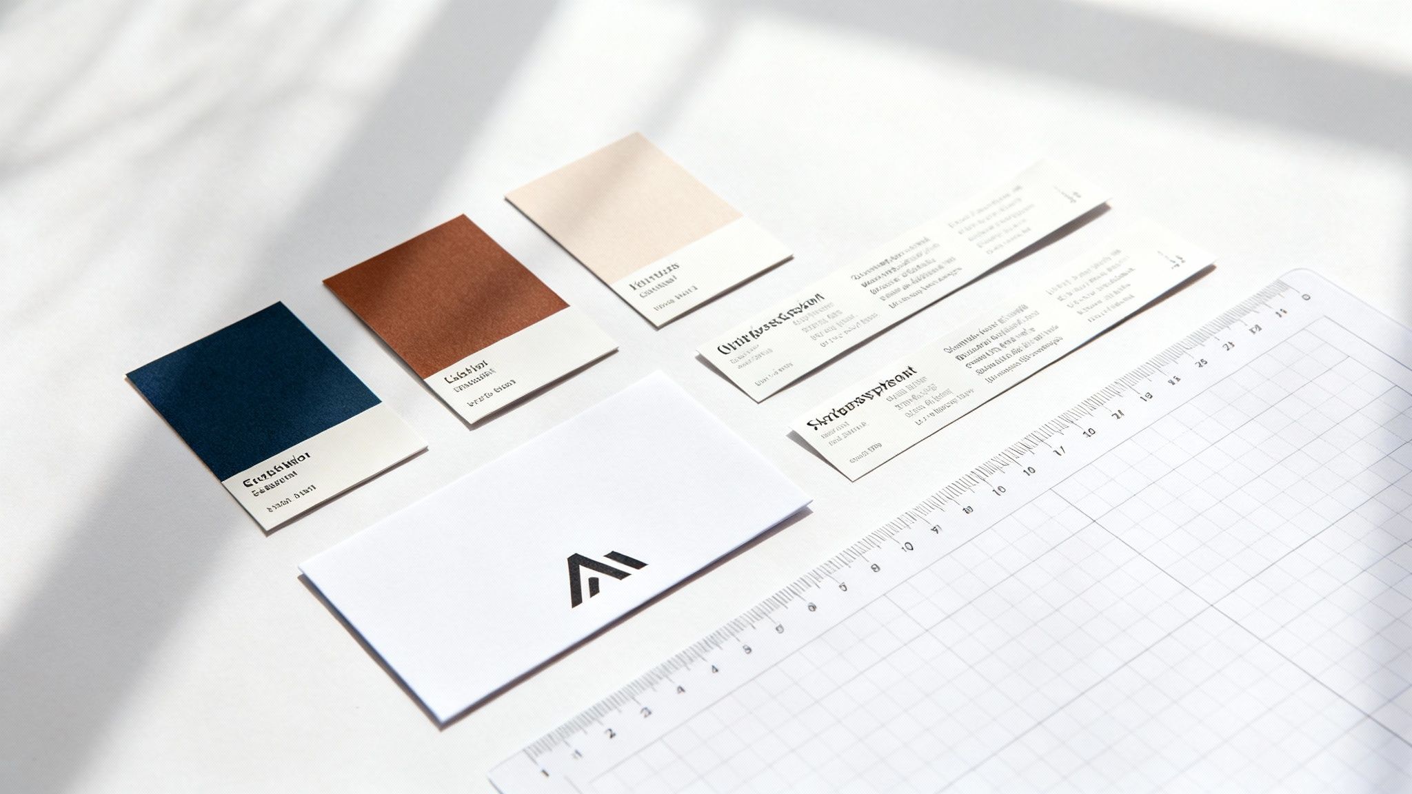A minimalist flat lay of branding elements, including color swatches, business cards, and a ruler.